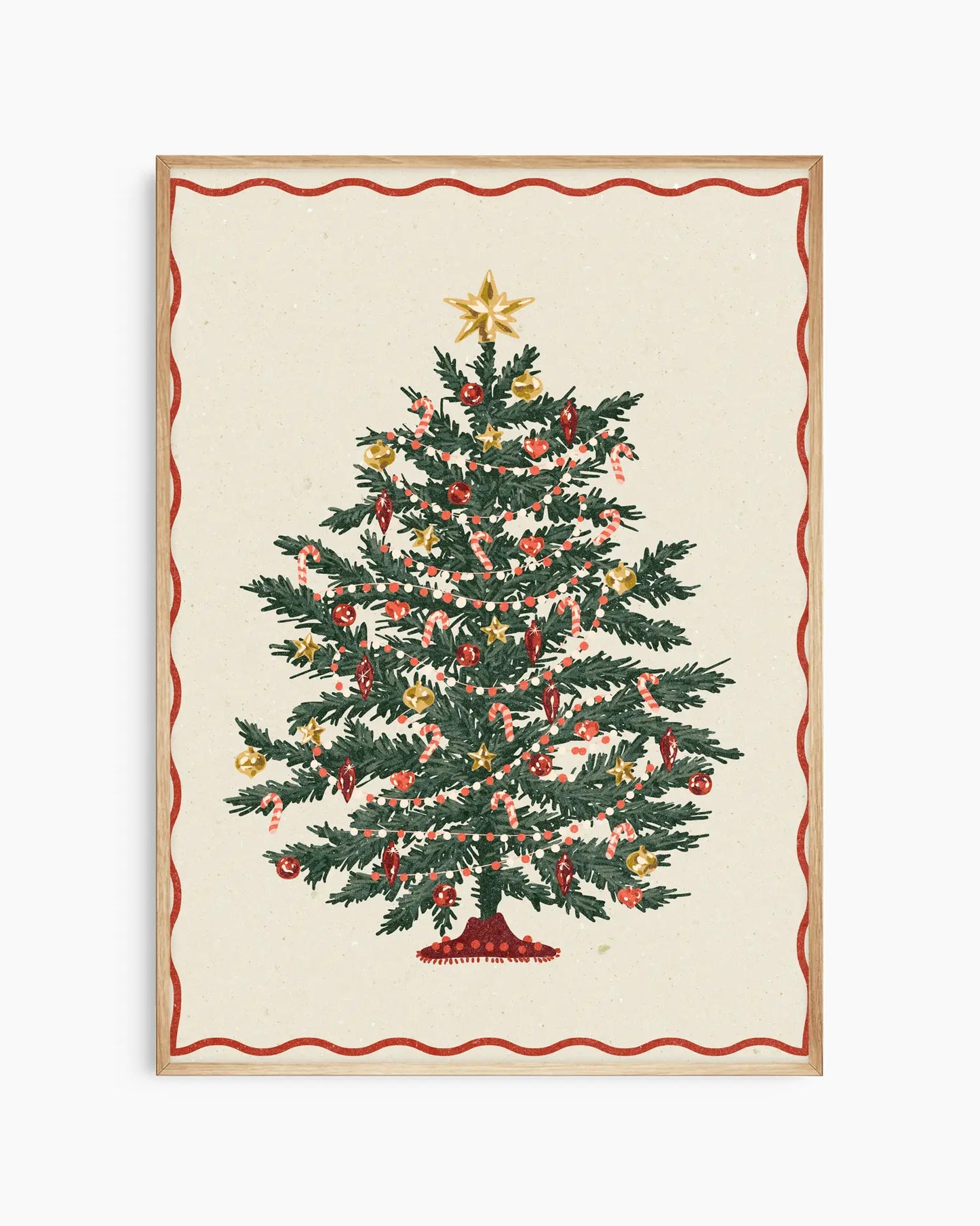 Decorative Christmas tree print on a white background with a red border