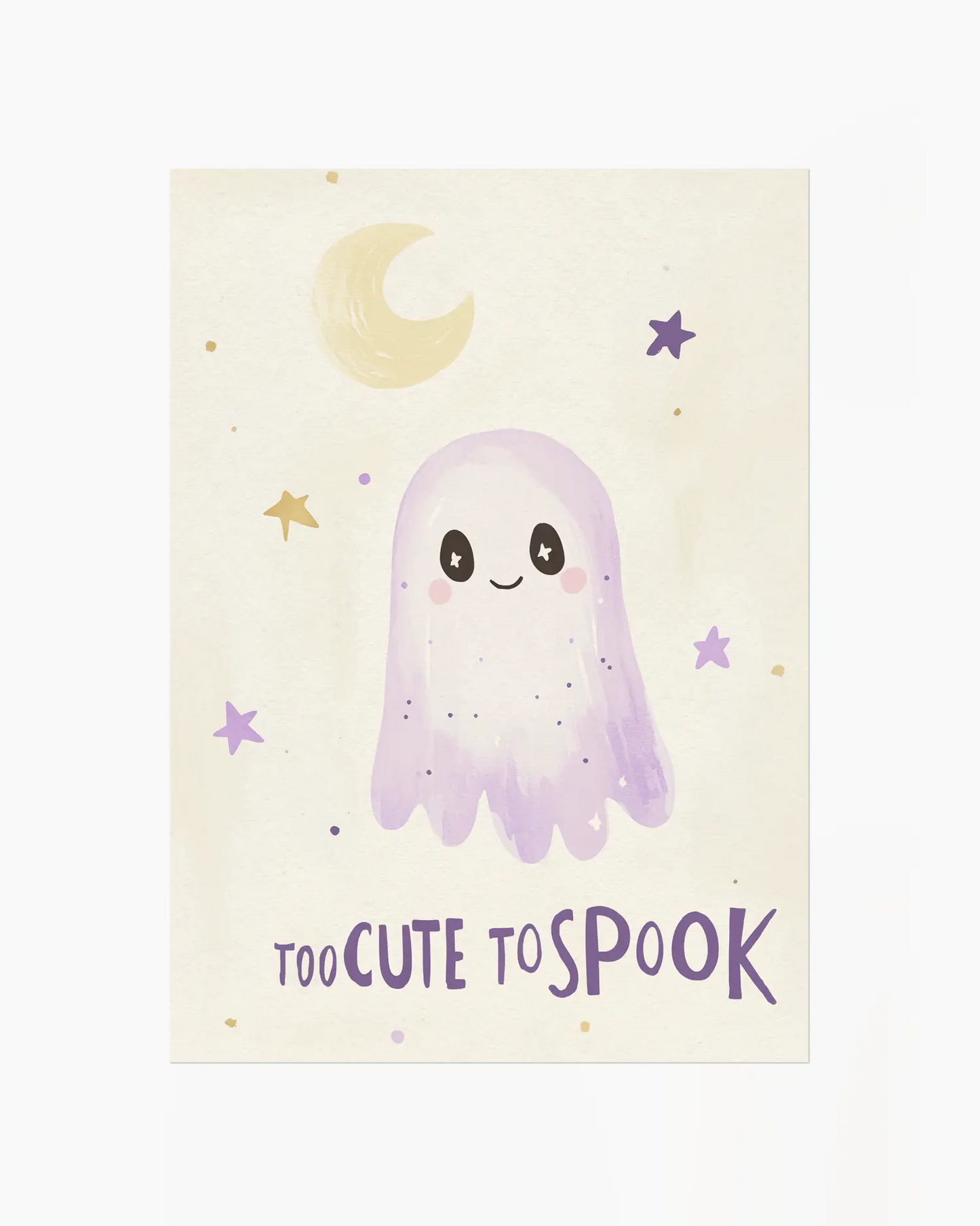Cartoon ghost with 'Too Cute to Spook' text on a light background