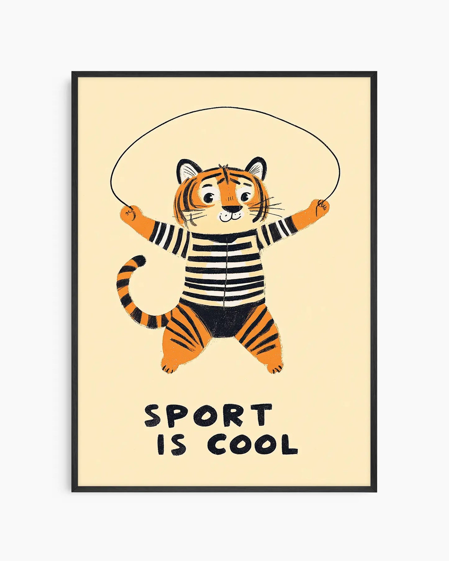 Framed artwork of a tiger character with a skipping rope and 'Sport is Cool' text on a beige background.