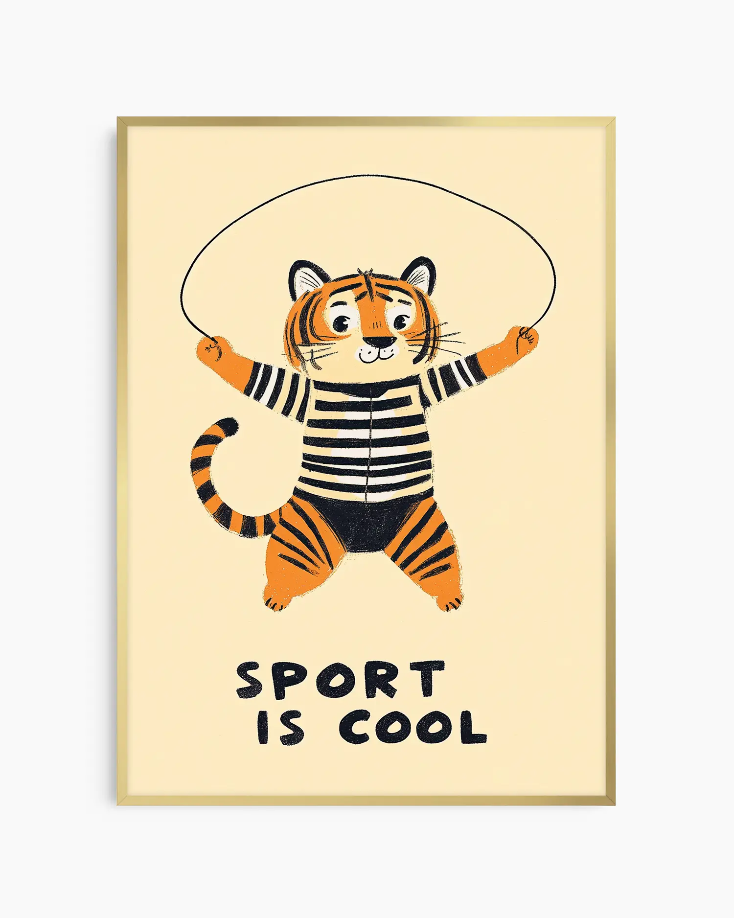 Framed artwork of a tiger in a striped outfit with a skipping rope, on a beige background with 'Sport is Cool' text.