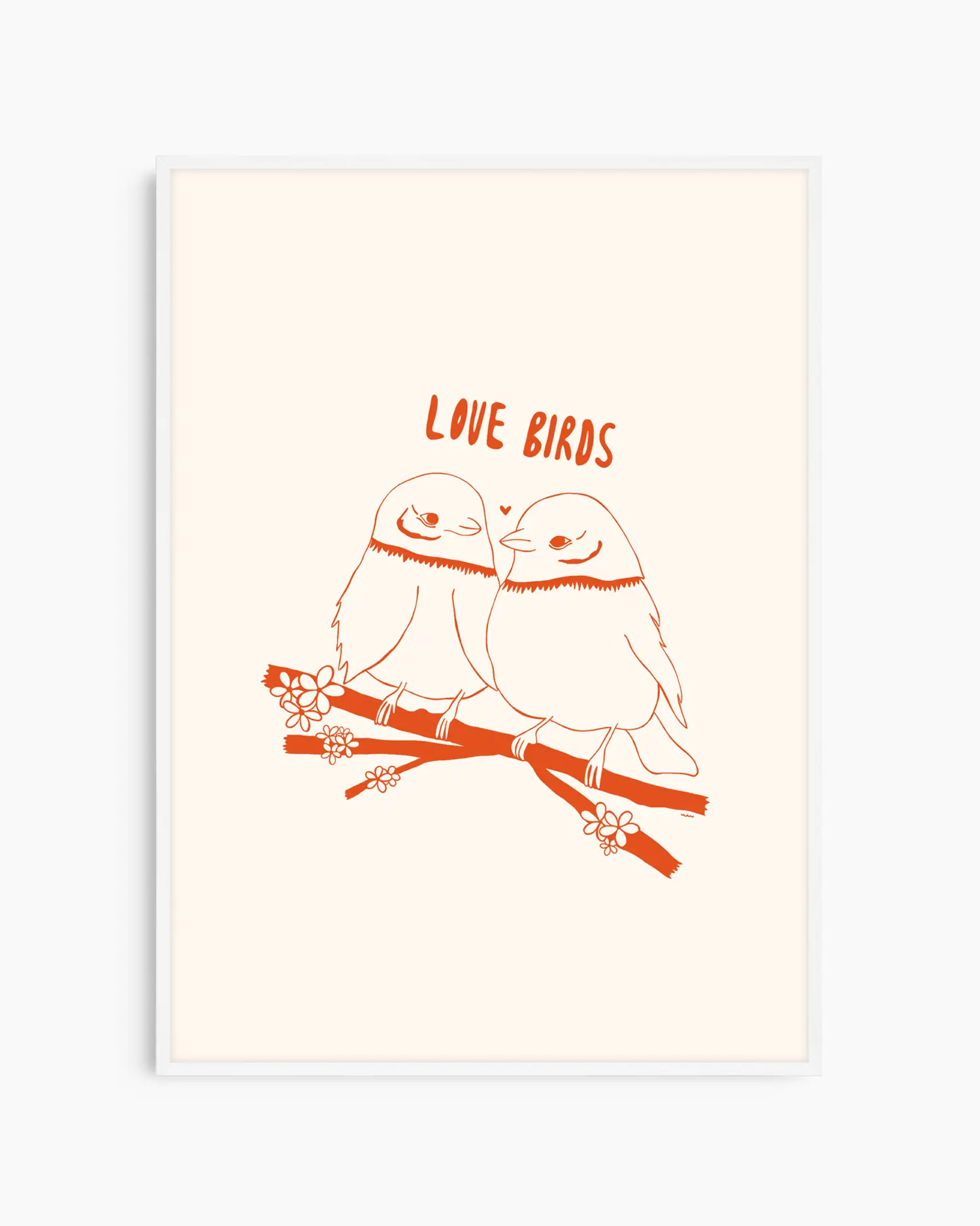 Illustration of two birds sitting on a branch with 'Love Birds' text in orange on a white background.