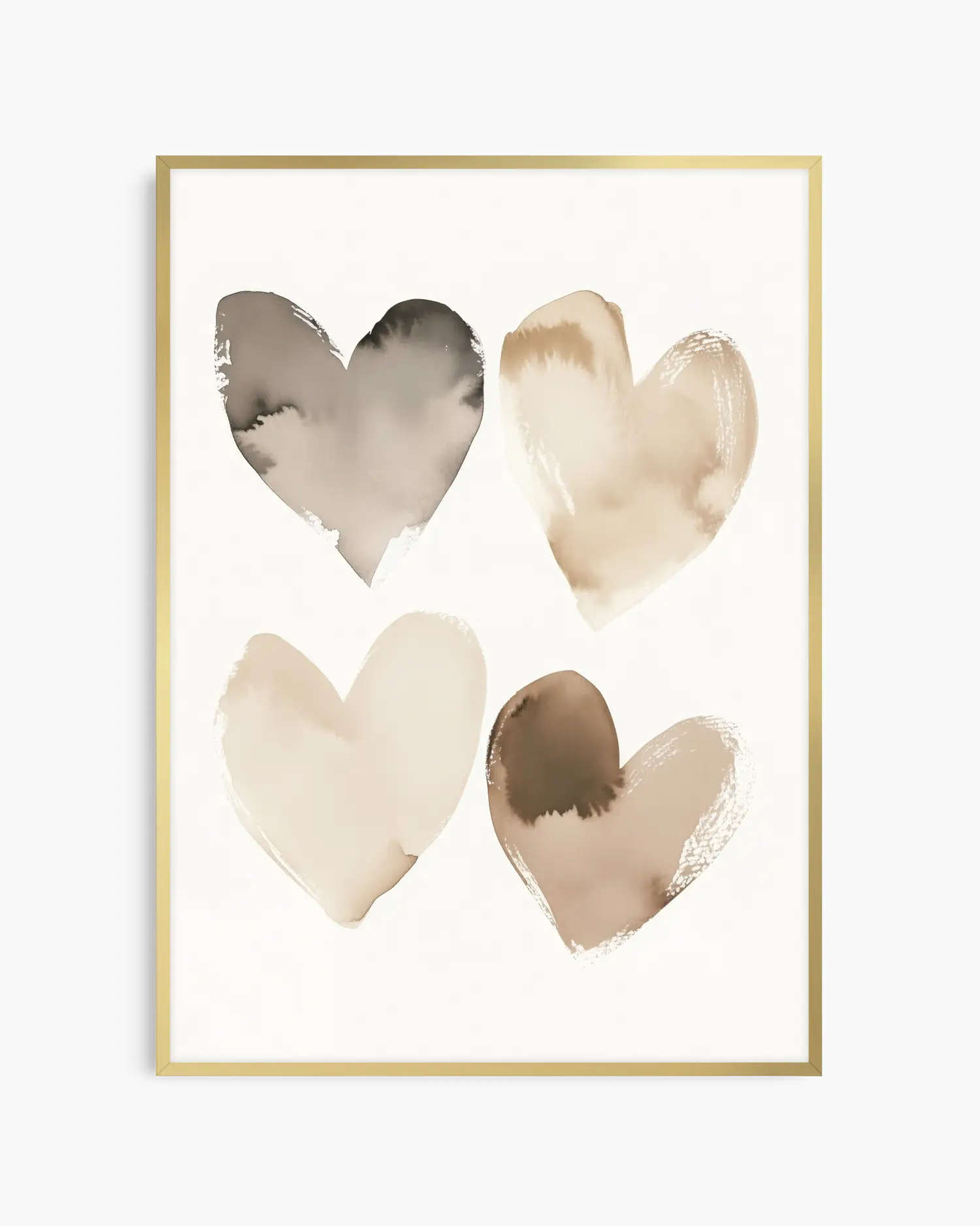 Framed artwork with four watercolor hearts in beige, brown, and gold on a white background.