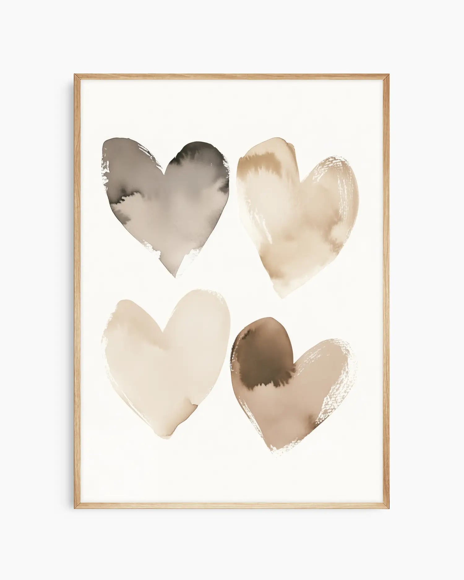 Framed artwork with four watercolor hearts in beige and brown tones on a white background.