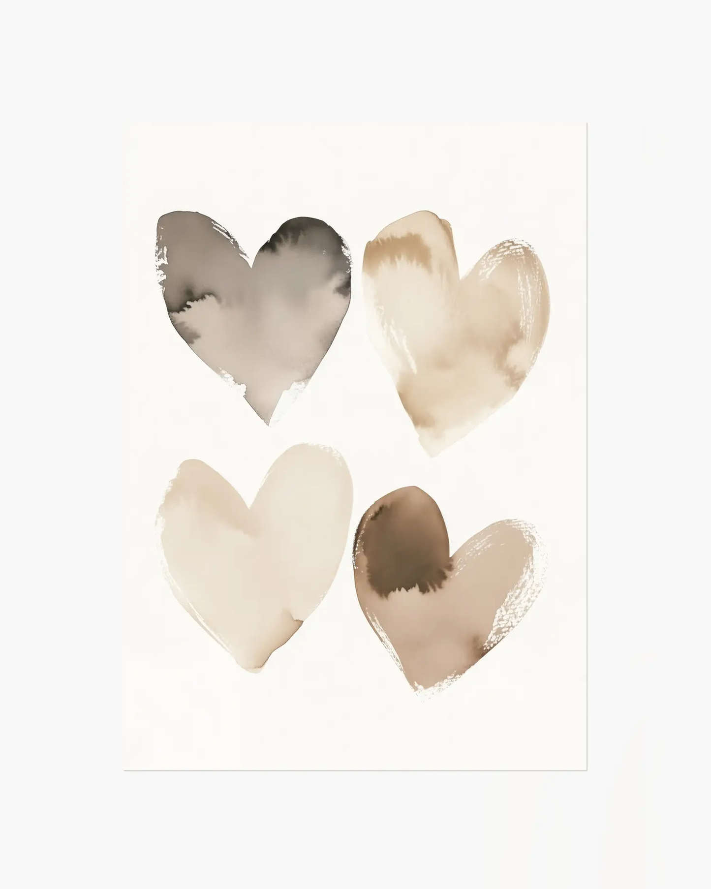 Four heart-shaped objects with watercolor-like textures on a white background