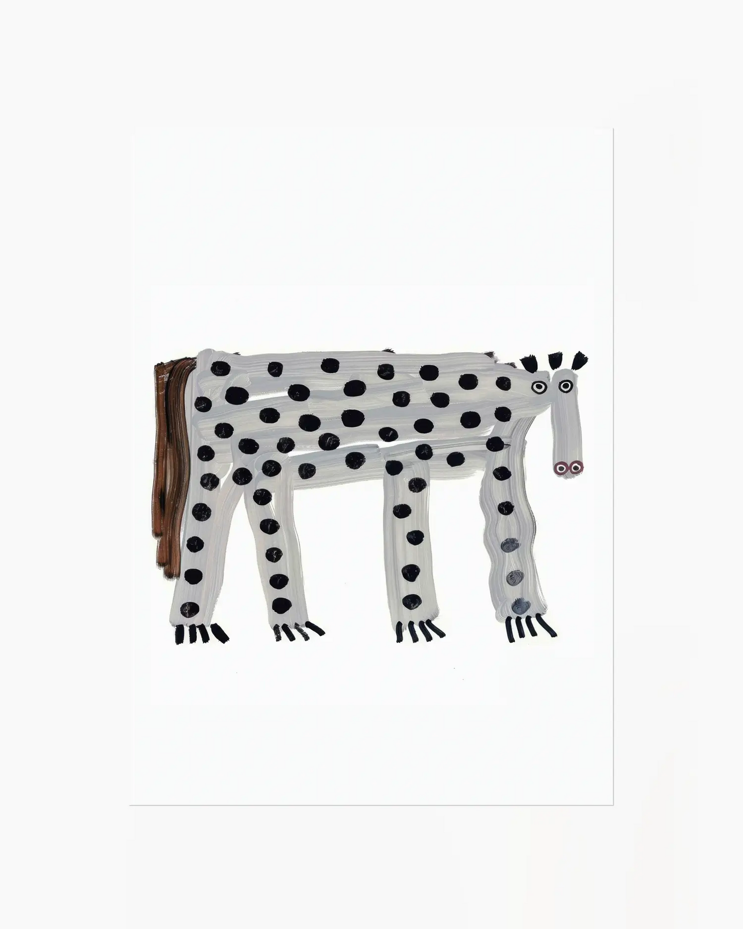 Wooden toy giraffe with black spots on a white background