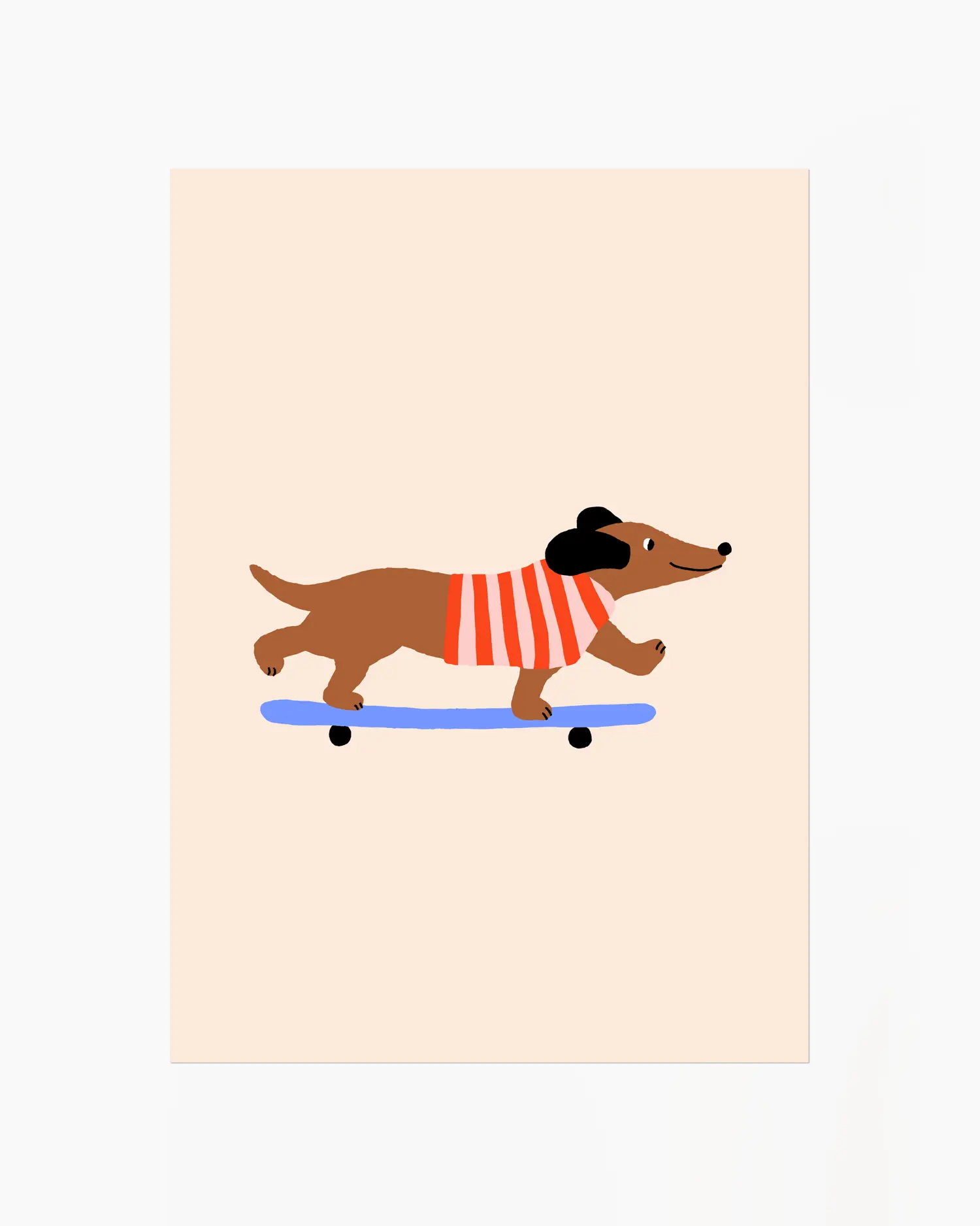 Illustration of a dachshund in a sweater riding a skateboard on a beige background