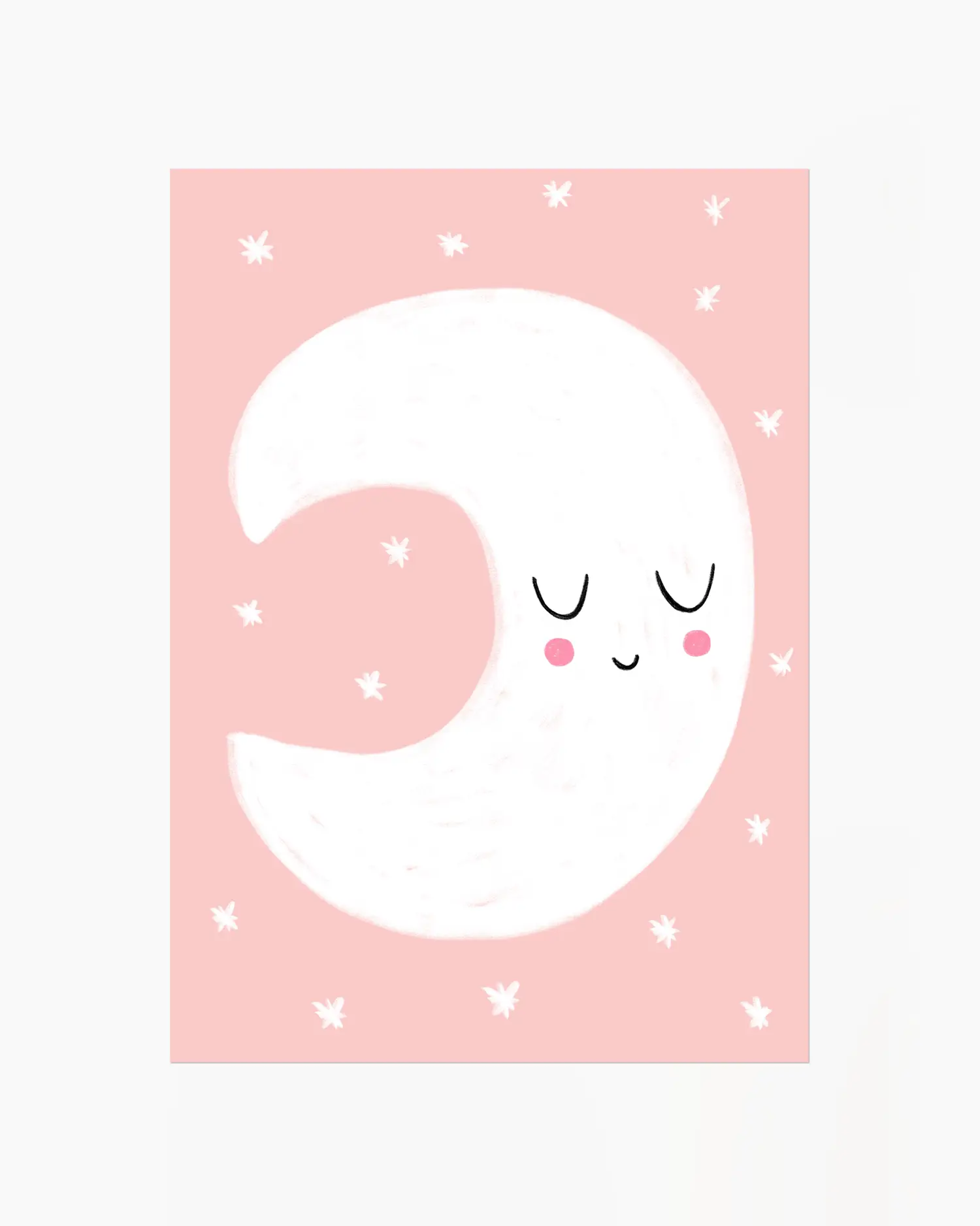 Illustration of a smiling moon on a pink background with white stars