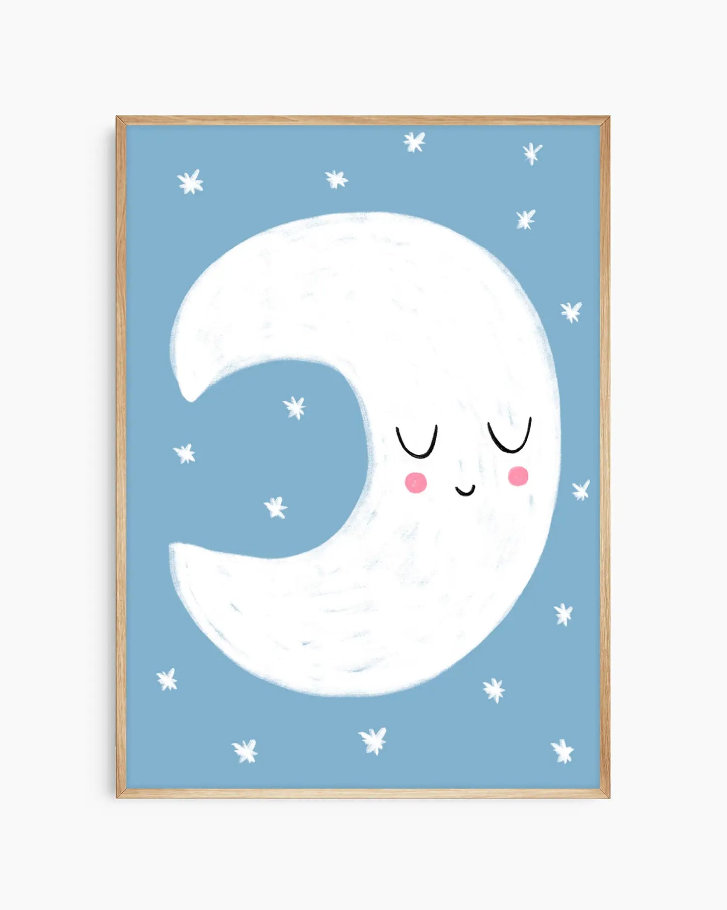 Framed artwork of a smiling half-moon on a blue background with white stars.