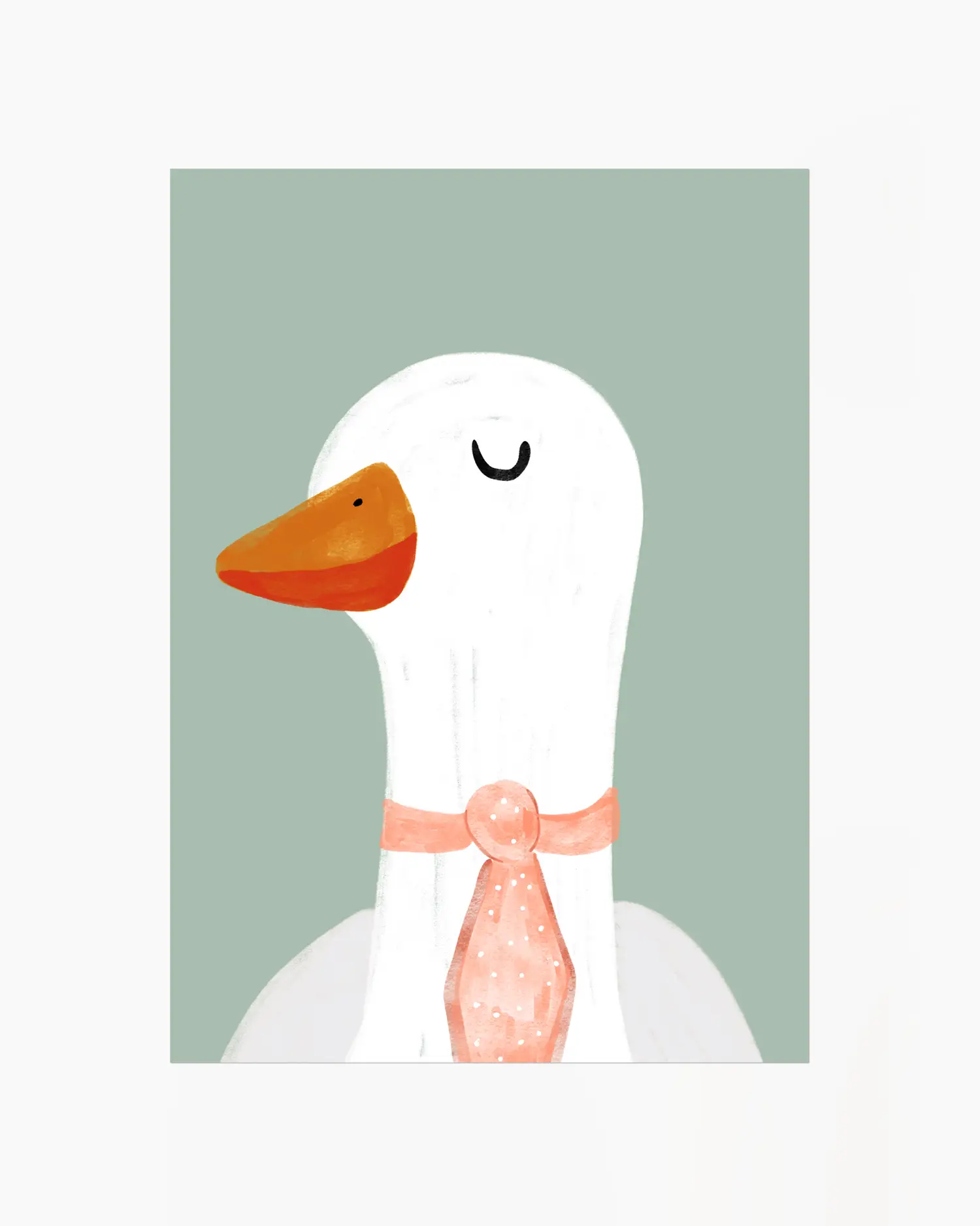 Illustration of a goose wearing a pink bow tie on a light green background