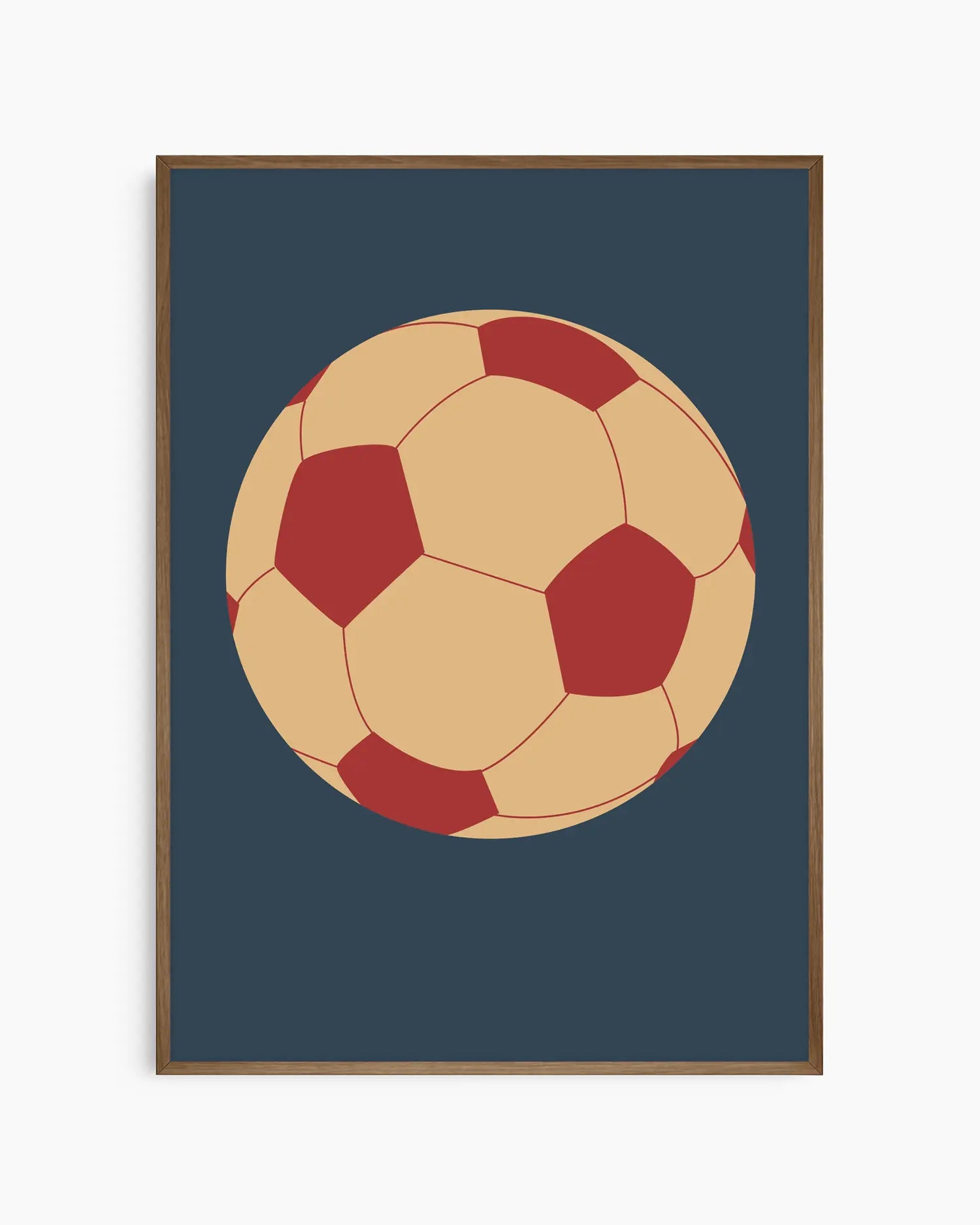 Framed artwork of a soccer ball with red and beige pattern on a dark blue background
