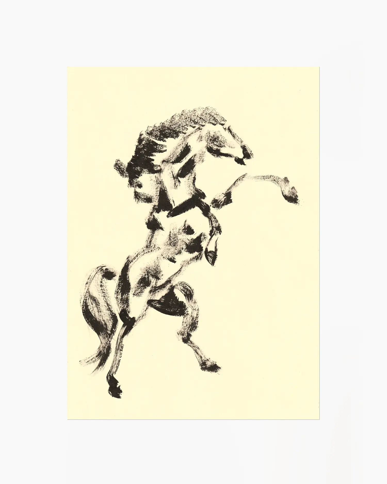 Black and white illustration of a rearing horse on a beige background