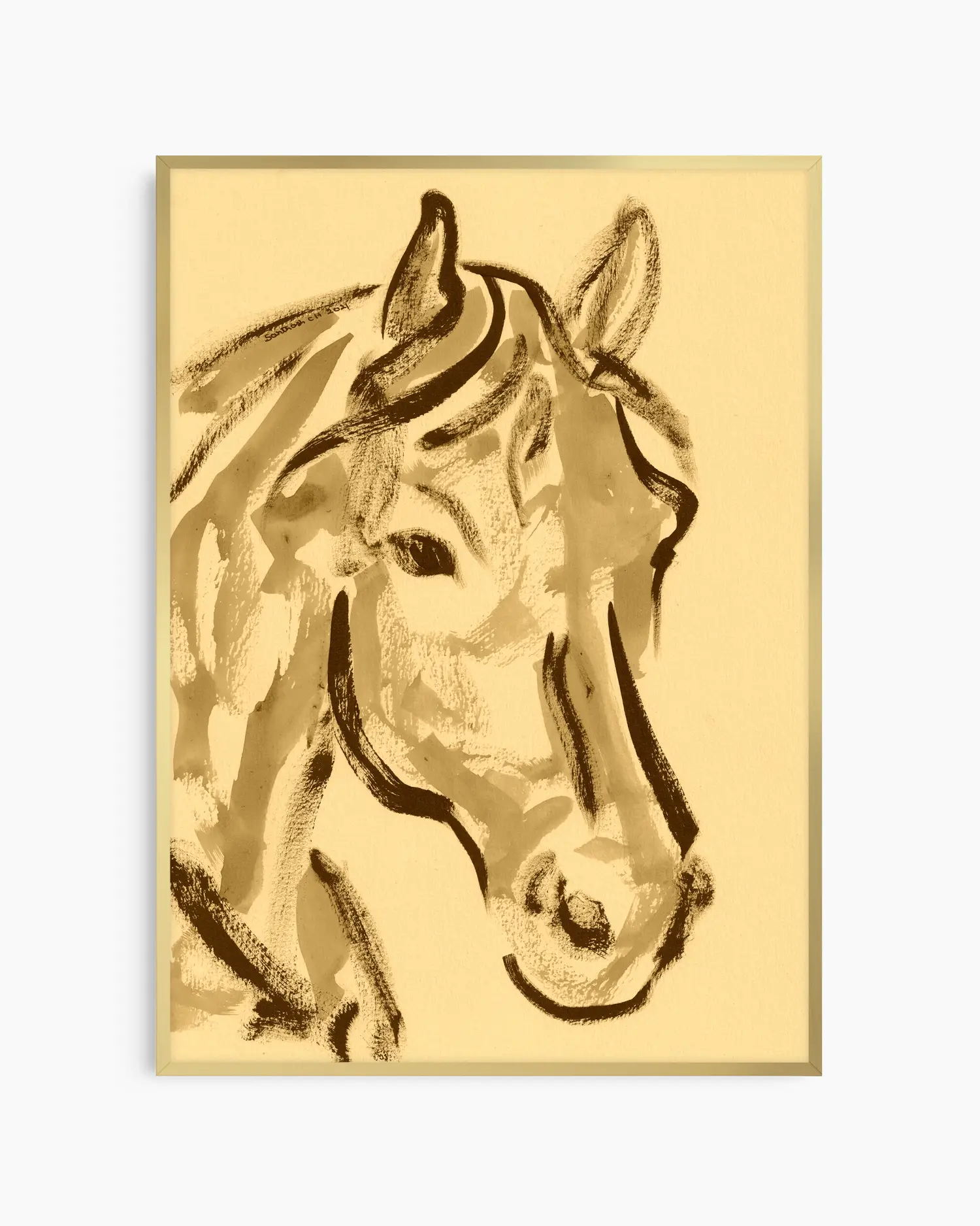 Gold-colored horse head illustration on a beige background