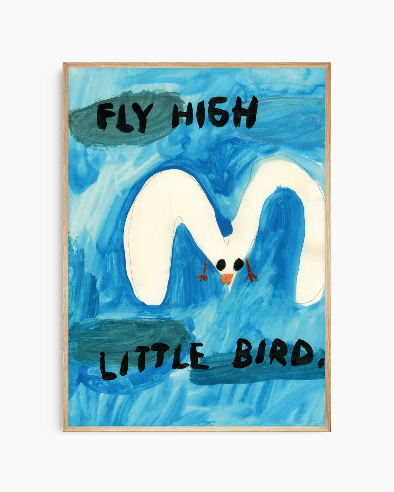 Framed artwork with a white bird and text 'Fly High Little Bird' on a blue background