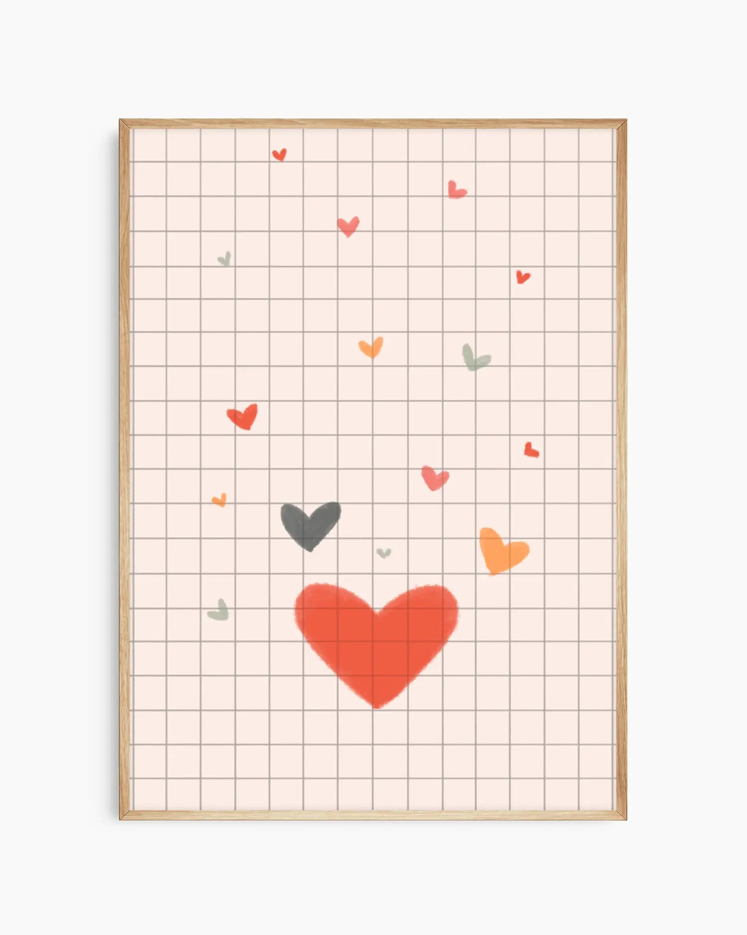 Framed artwork with colorful hearts on a grid background