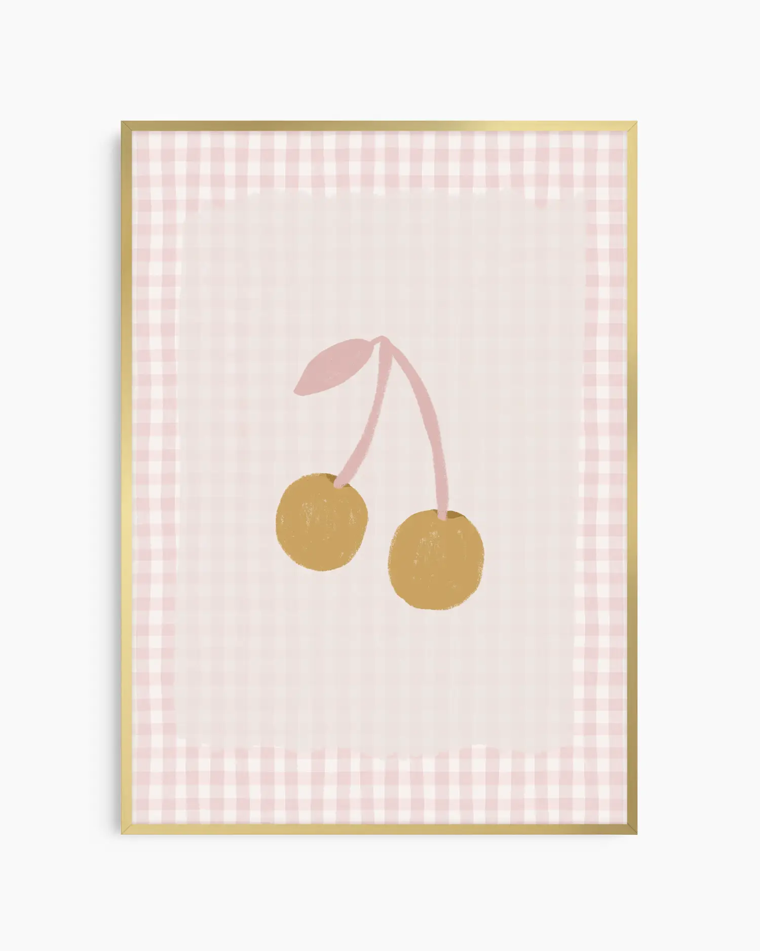 Framed artwork of two cherries on a pink and white checkered background