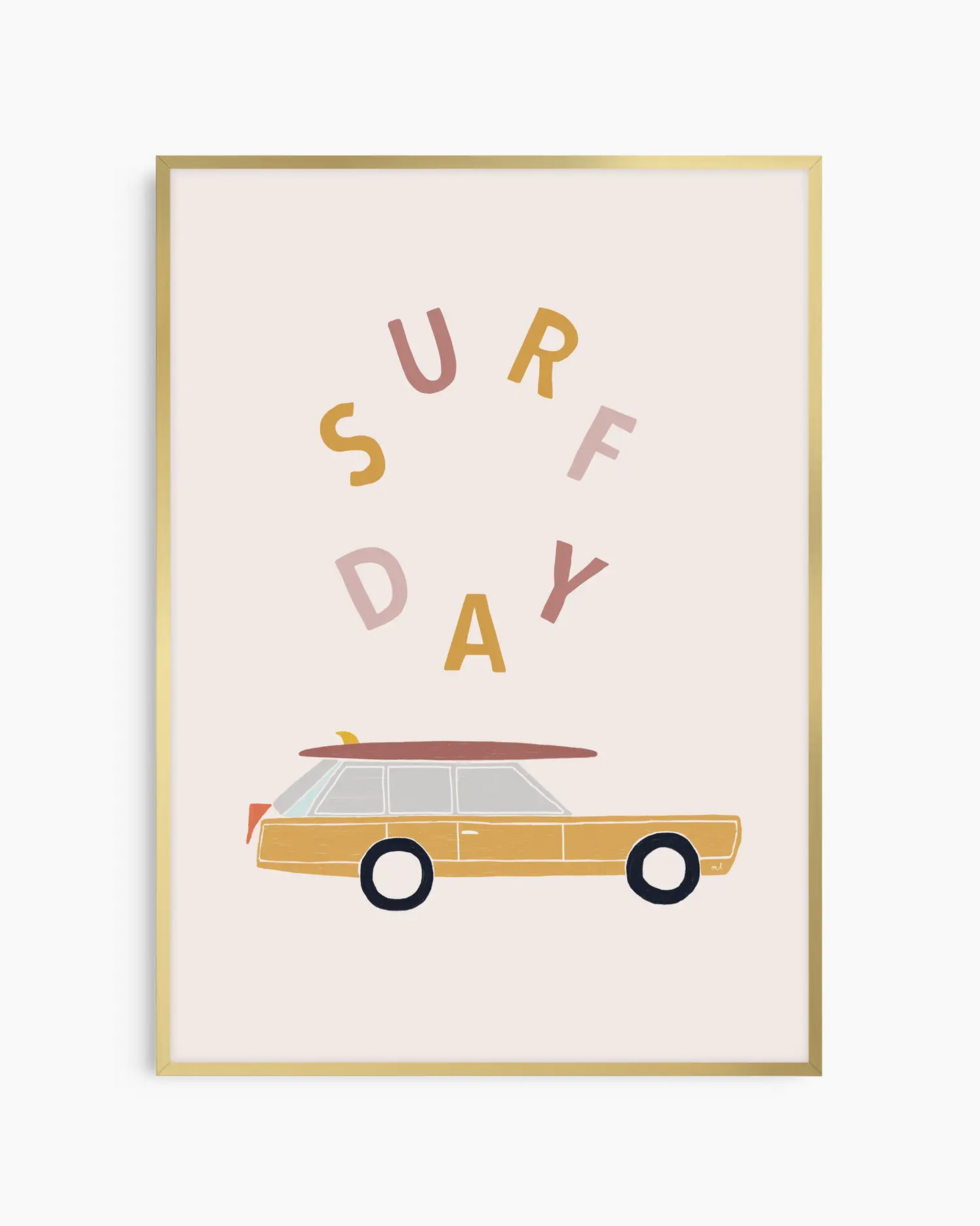 Poster with 'Surf Day' text and a car illustration on a light background