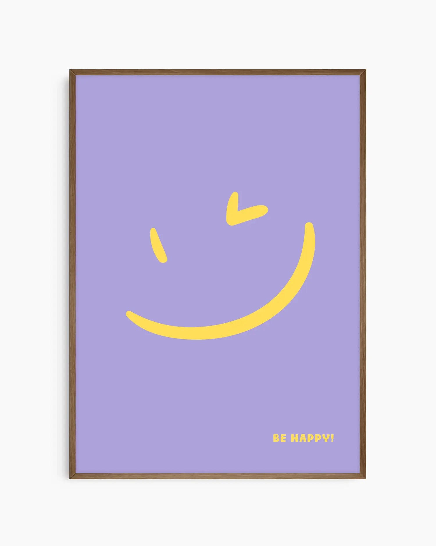 Nursery poster with a yellow smiley face and 'BE HAPPY!' text on a purple background framed in a smoked oak wooden frame.