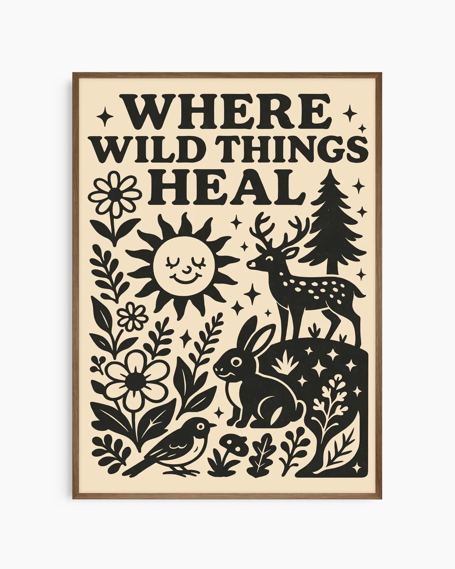 Decorative poster with 'Where Wild Things Heal' text and nature-themed illustrations on a beige background.