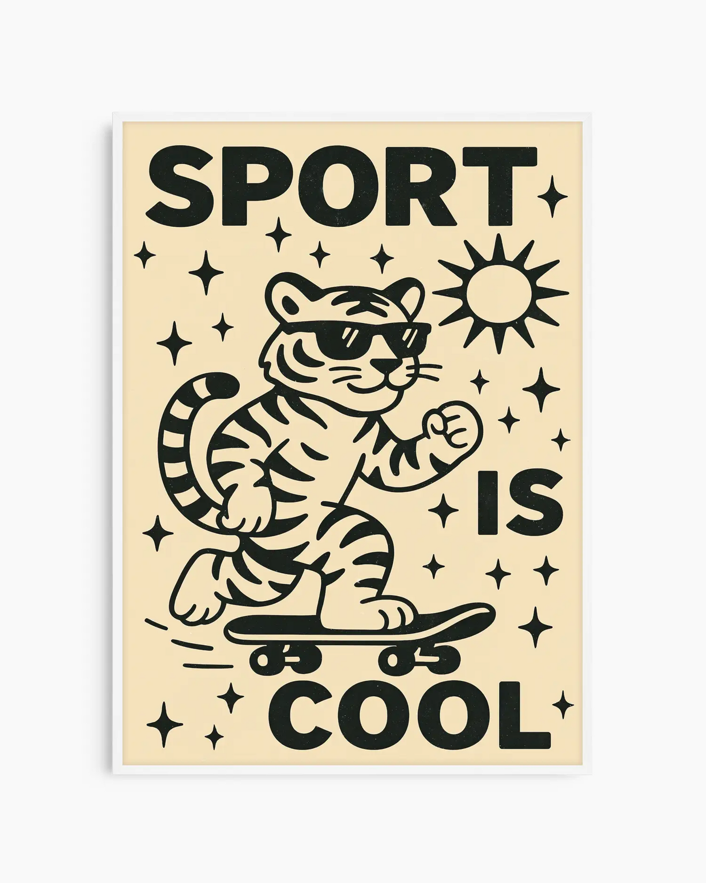 Poster with a tiger on a skateboard and 'Sport is Cool' text on a beige background