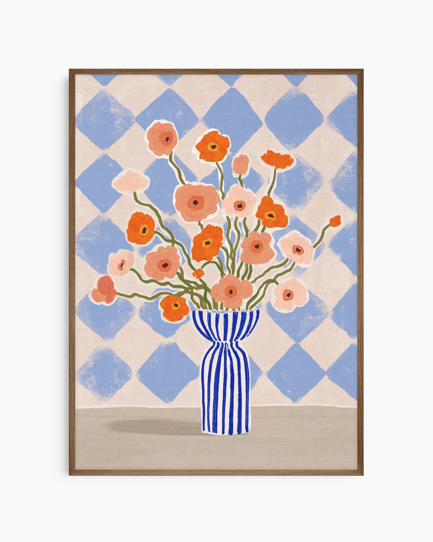 Nursery poster of a bouquet of flowers in a blue and white striped vase against a checkered background. Dark oak frame.