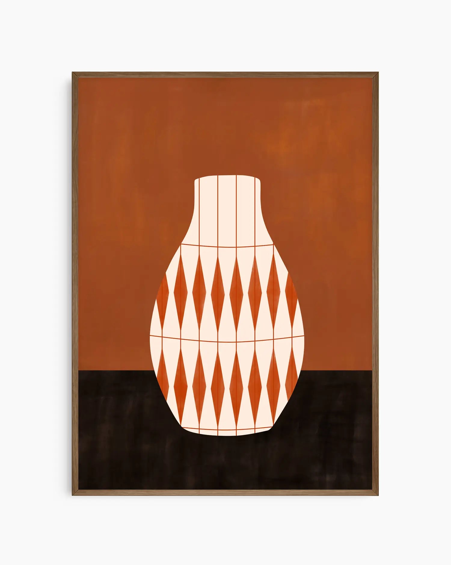 Framed artwork of a geometric vase design on a brown and black background. Dark oak frame.