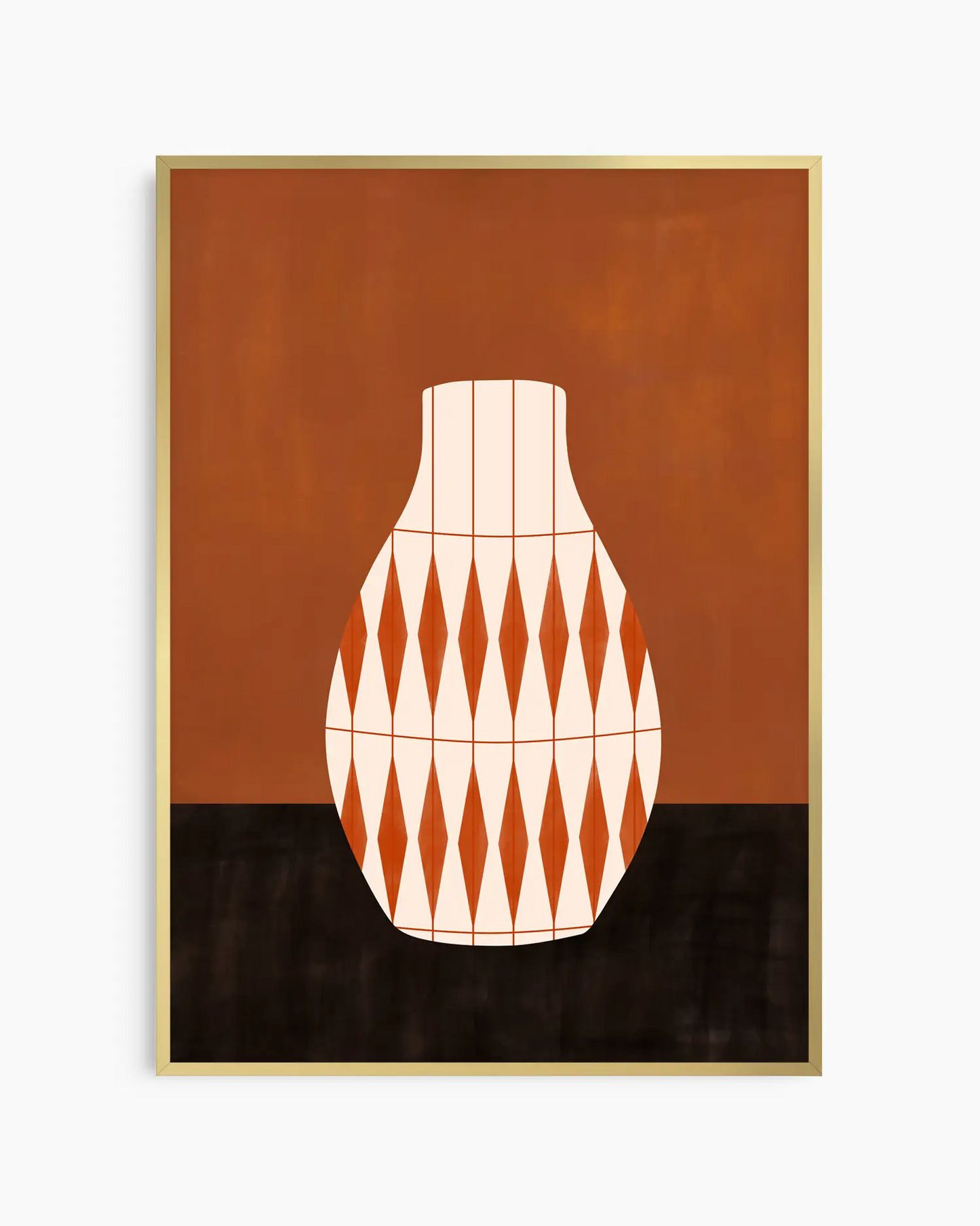 Framed artwork of a geometric vase design on a brown and black background. Gold frame.