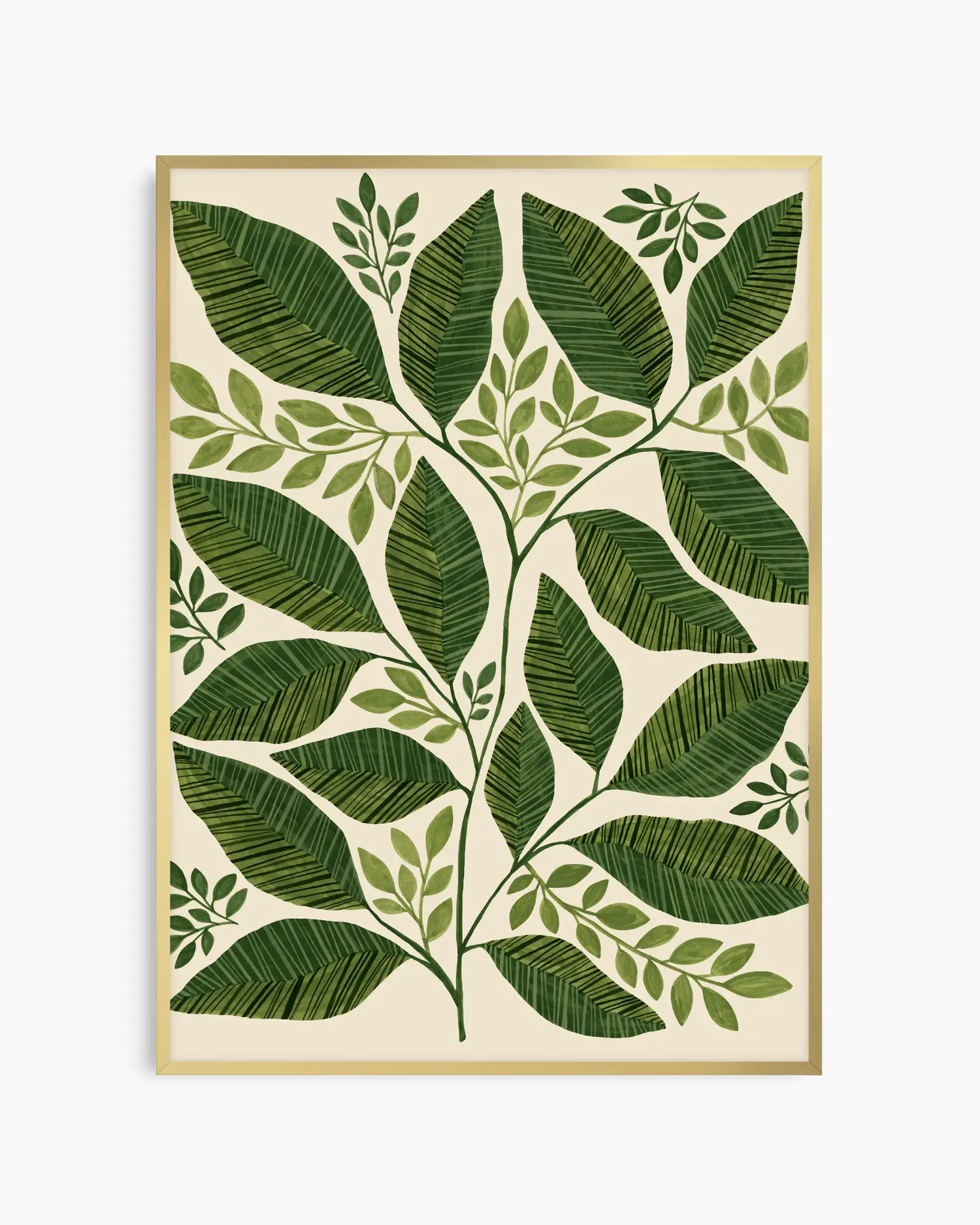 Framed artwork with green leaf pattern on a beige background