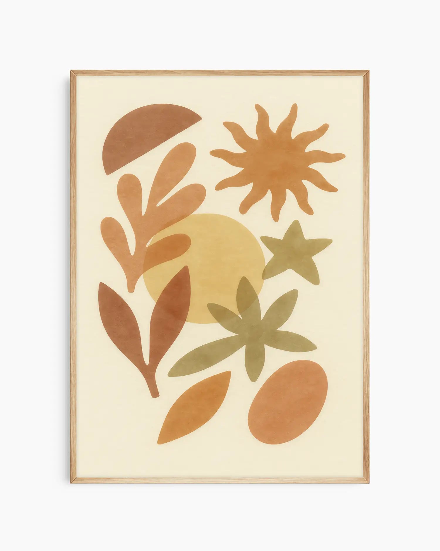 Framed artwork with abstract leaf and star shapes in brown, green, and yellow on a beige background