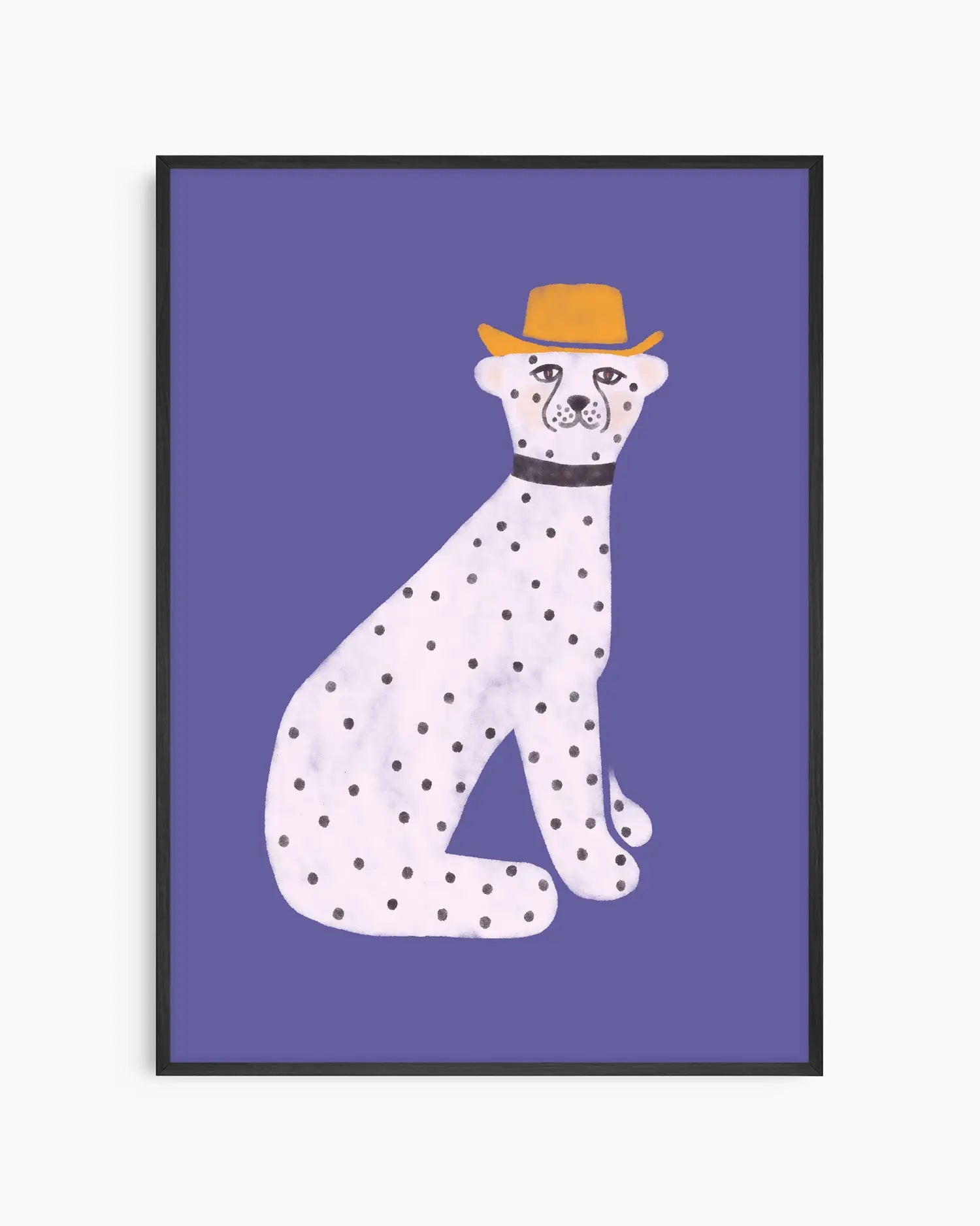 Illustration of a dalmatian dog wearing a hat on a purple background. Black frame.