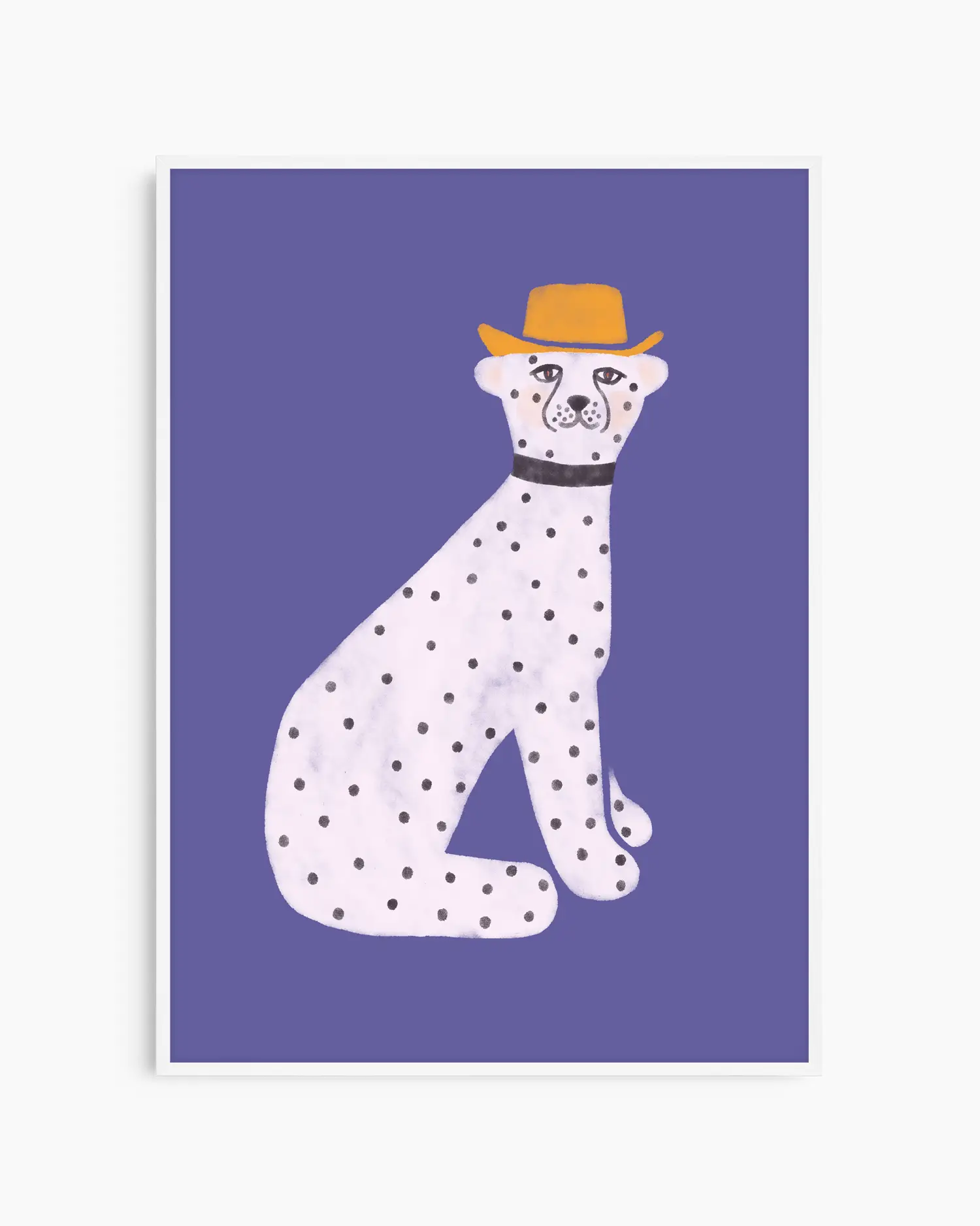 Illustration of a dalmatian dog wearing a hat on a purple background