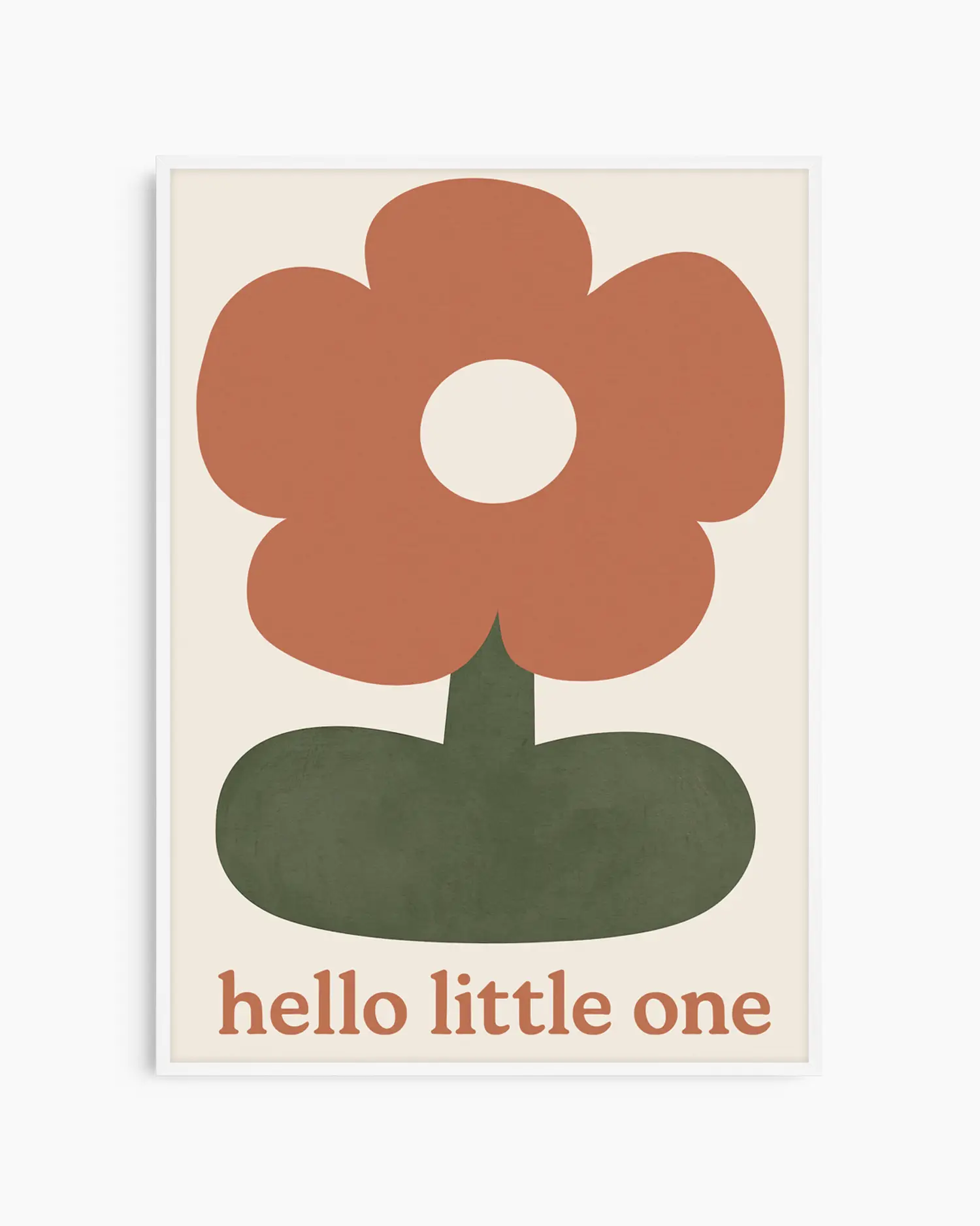 Poster with a stylized flower and 'hello little one' text on a beige background