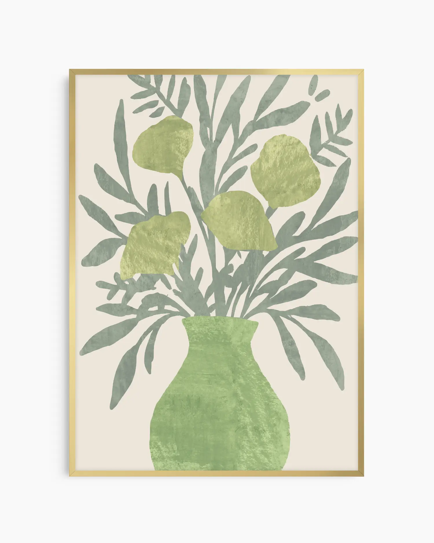 Framed artwork of a green vase with leaves on a beige background