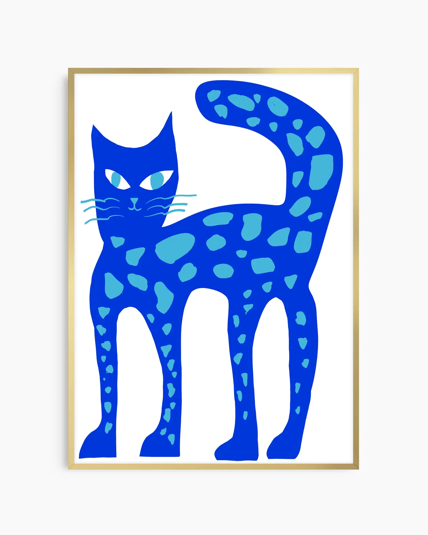 Framed artwork of a blue cat with a white background