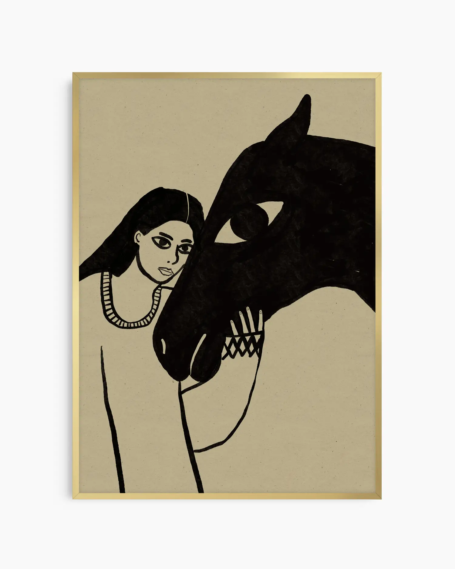 Illustration of a woman and a horse on a beige background