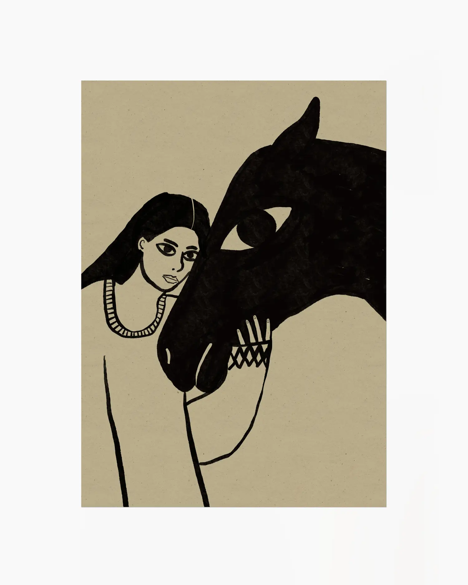 Illustration of a woman and a horse on a beige background