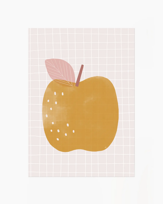Yellow apple with a pink leaf on a grid background