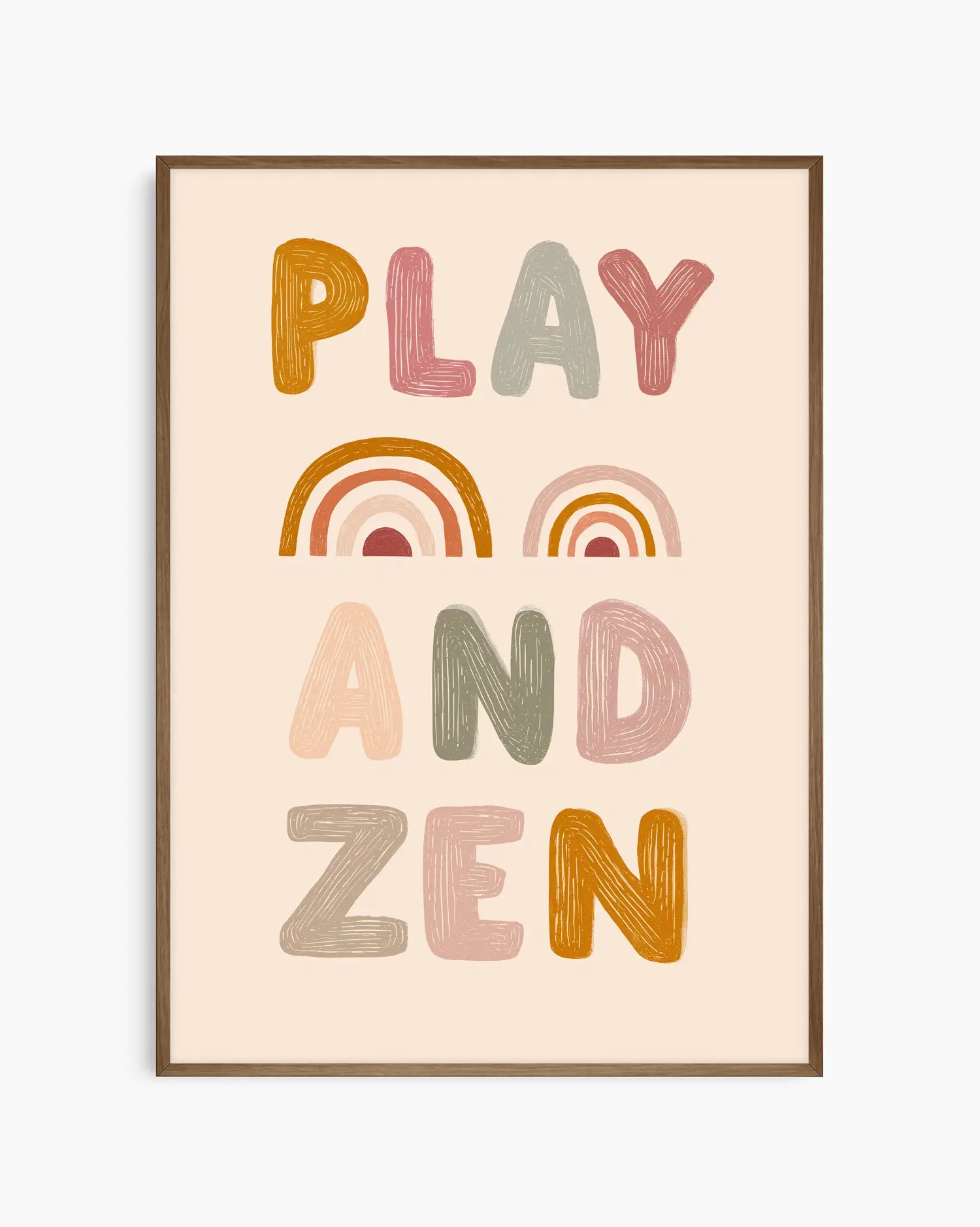 Framed artwork with 'PLAY AND ZEN' text and rainbow designs on a beige background