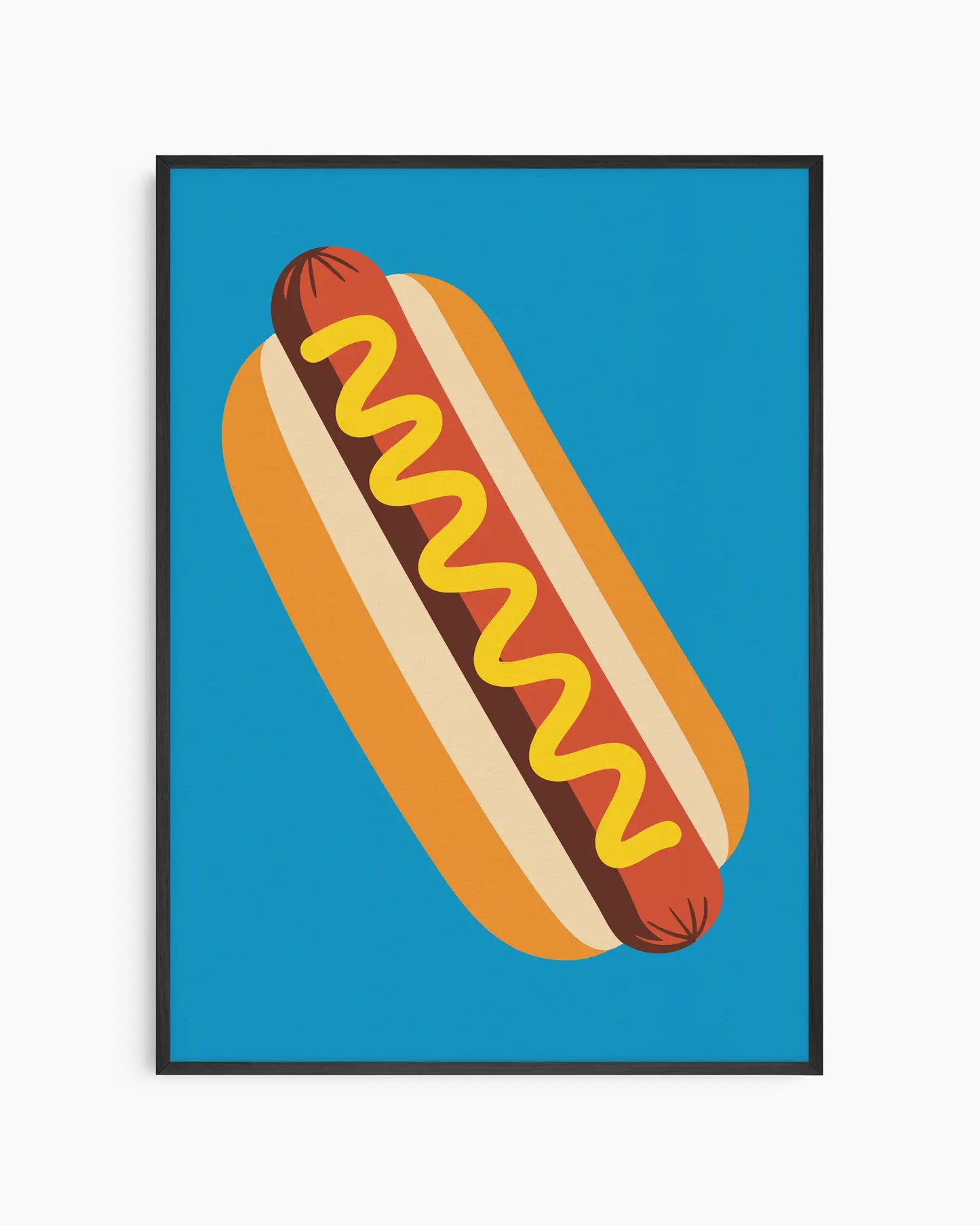 Framed artwork of a hot dog with mustard on a blue background
