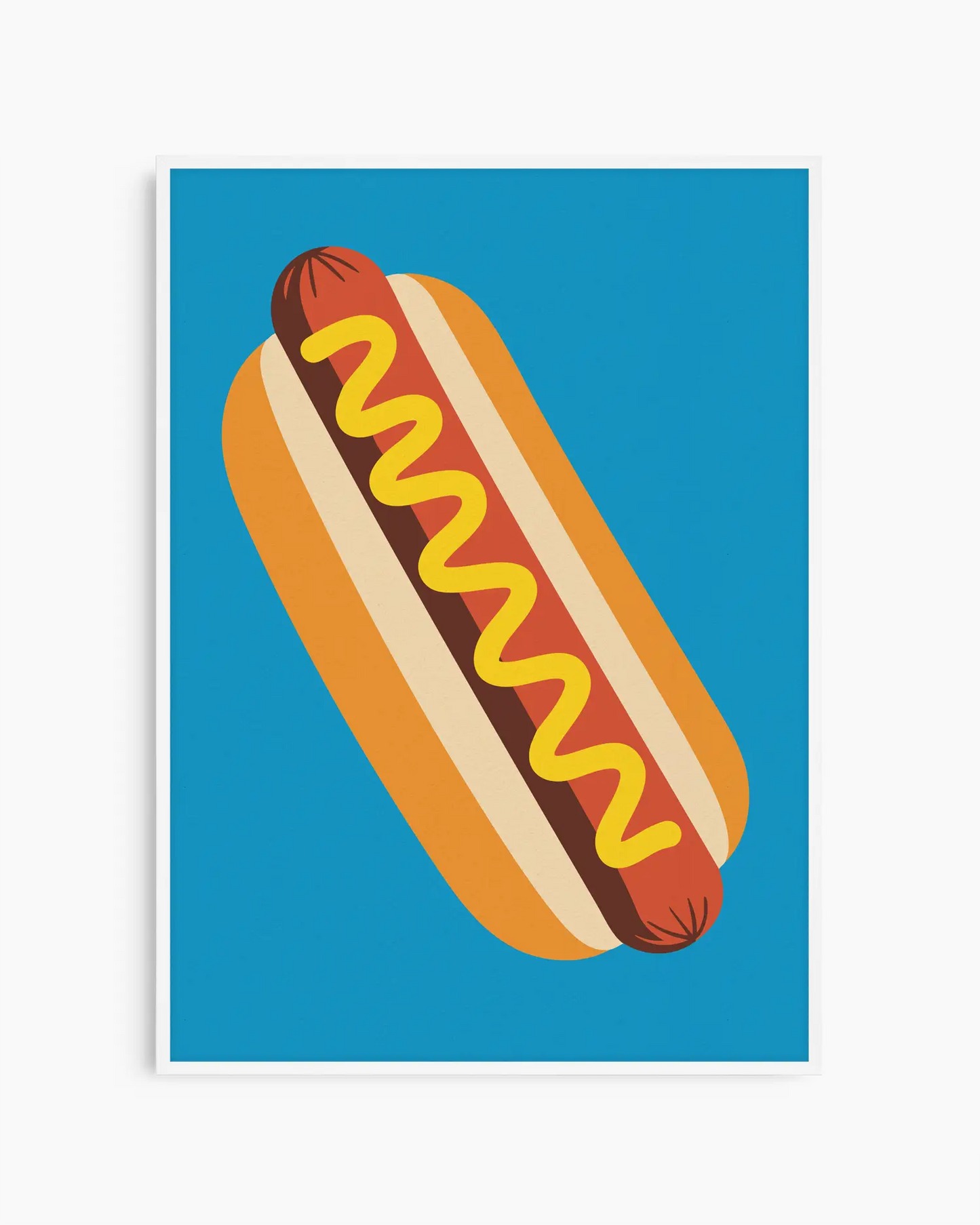 Illustration of a hot dog with mustard on a blue background