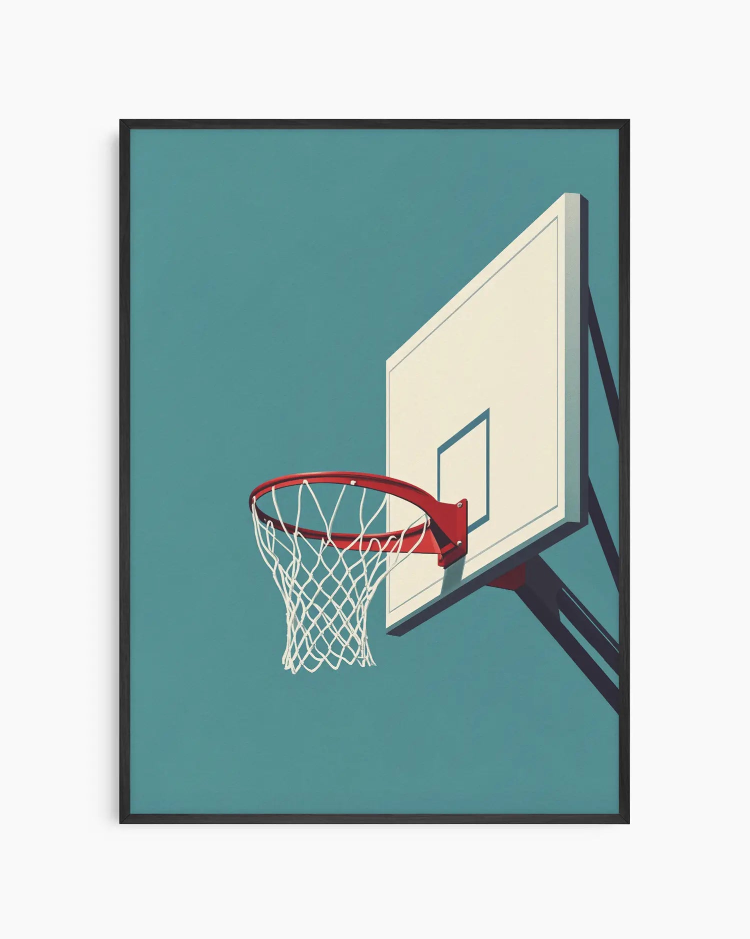 Framed artwork of a basketball hoop on a teal background