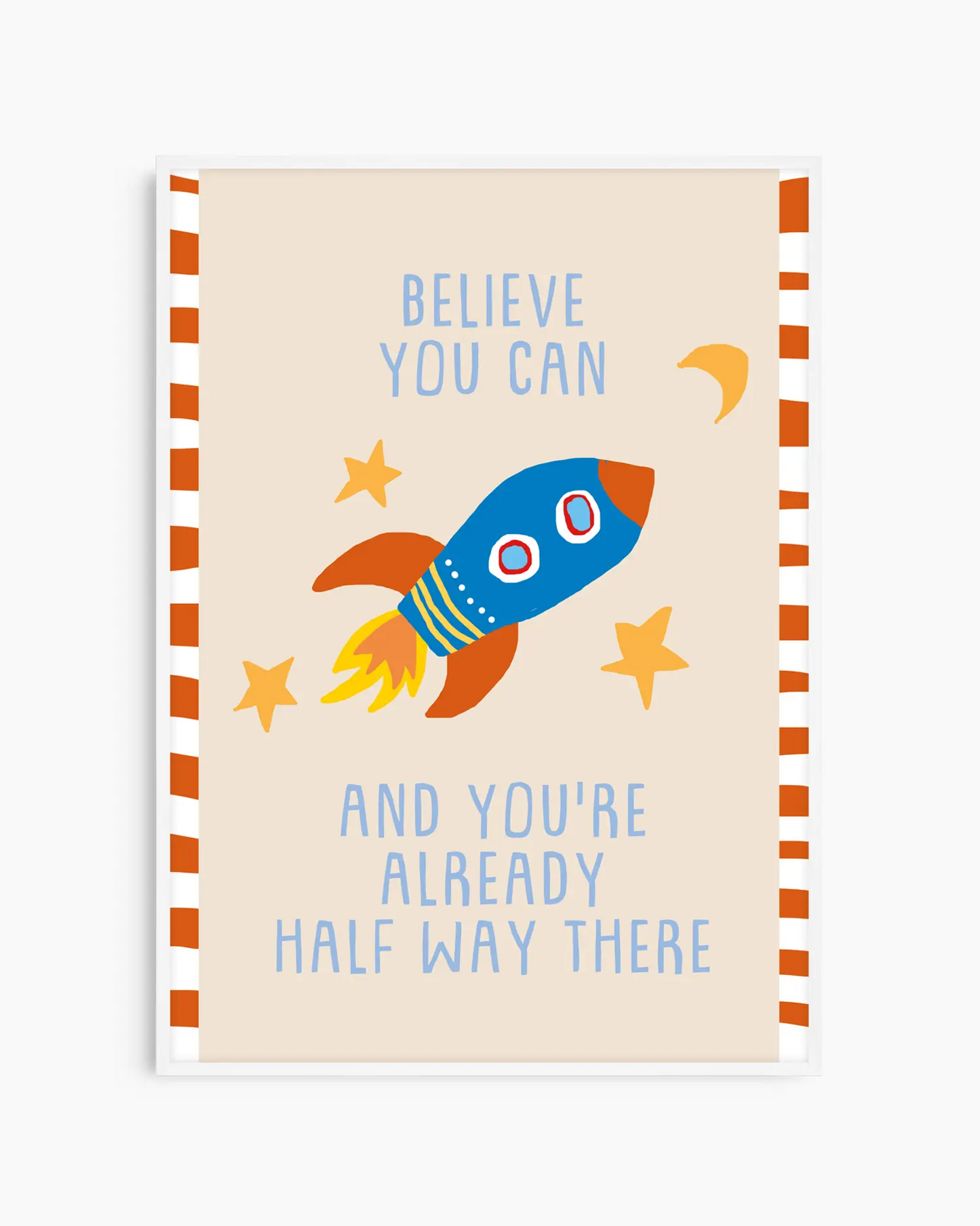 Motivational poster with a rocket ship and inspirational quote on a striped background