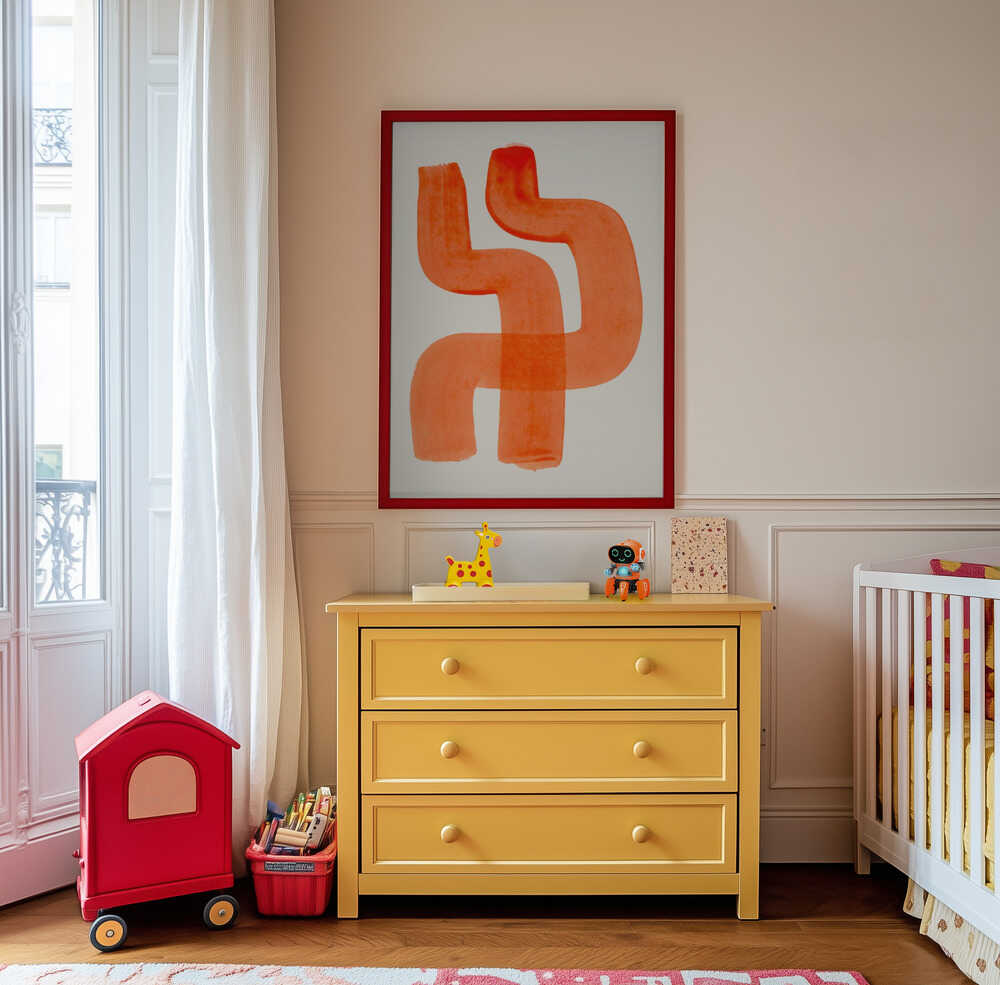 Playful geometric abstract artwork with vibrant brushstrokes, bringing warmth and artistic energy to a kids’ room.