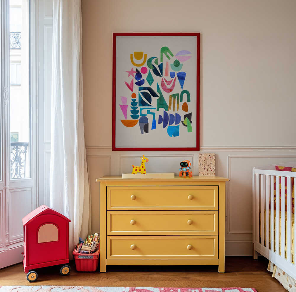 Bright and cheerful geometric wall art featuring colorful abstract shapes, hanging above a yellow dresser in a kids’ room. A fun and artistic print that inspires creativity and playfulness in modern children’s spaces.