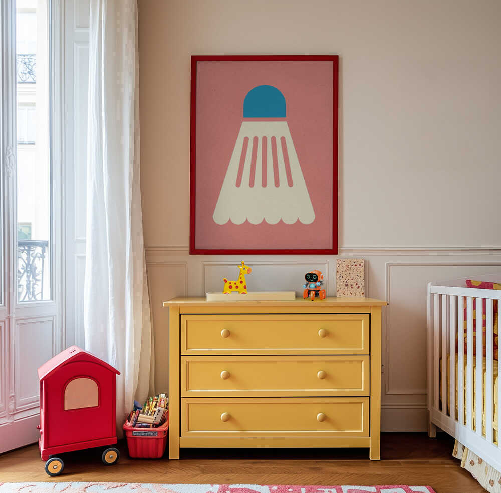 Framed badminton art in pink and blue, ideal for a fun, energetic children’s room with a sporty touch.