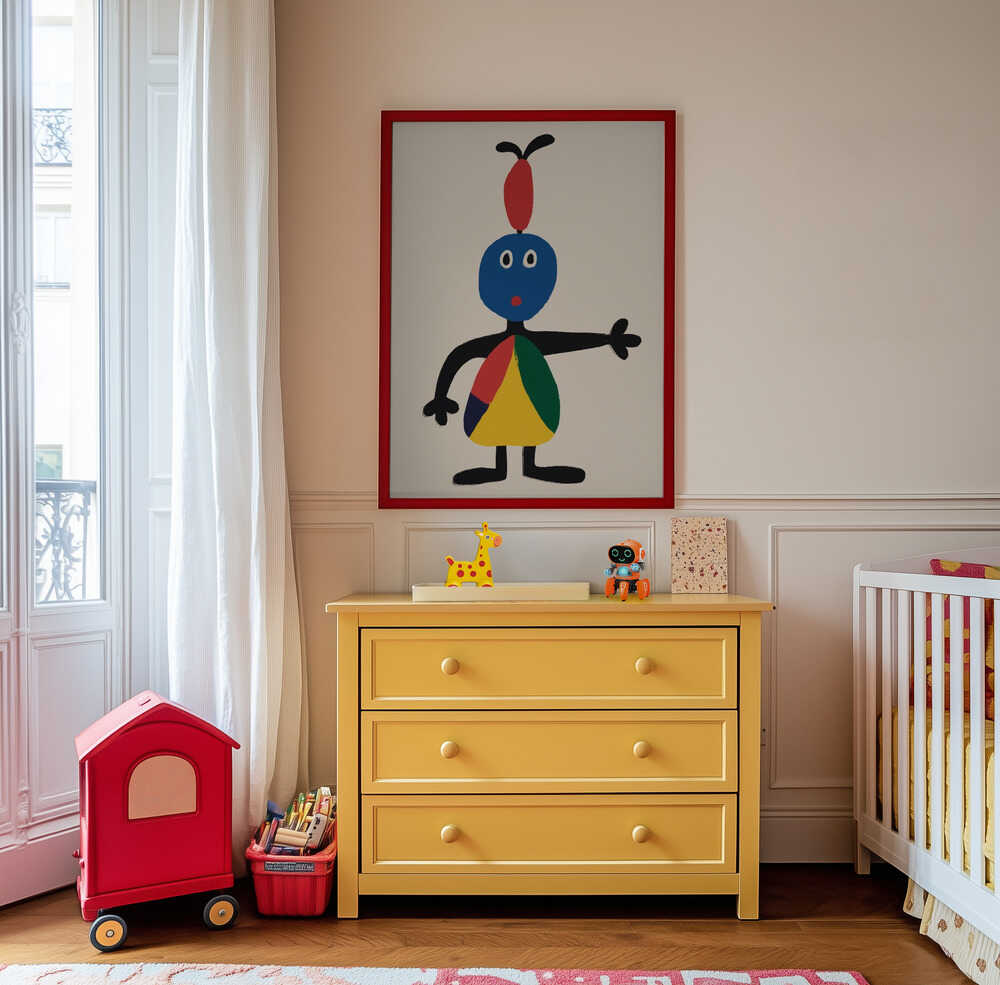 Vibrant wall art with a geometric, playful character in red, yellow, green, and blue, ideal for stimulating imagination in a child’s playroom.