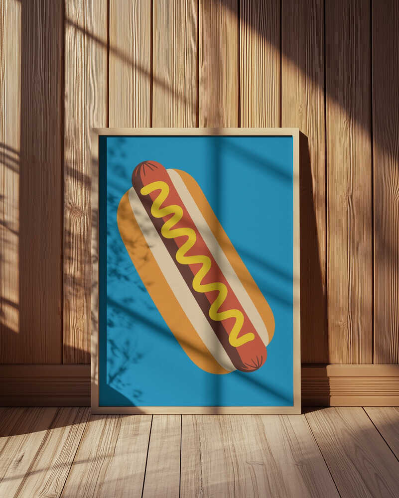 Framed children's poster of a hot dog on a blue background 