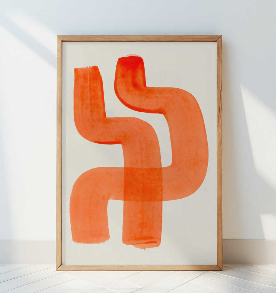 Modern abstract poster in warm orange tones, adding a creative and cozy touch to minimalist nursery decor.