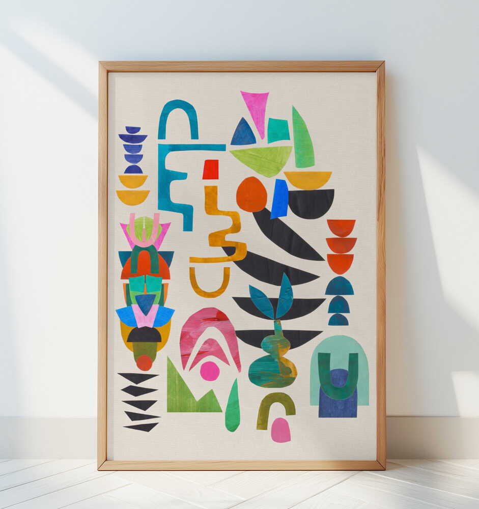 Contemporary abstract poster with playful, colorful shapes in rich tones of blue, pink, and green, framed in light wood and leaning against a white wall. A stylish and vibrant art print that adds personality and energy to modern home decor.