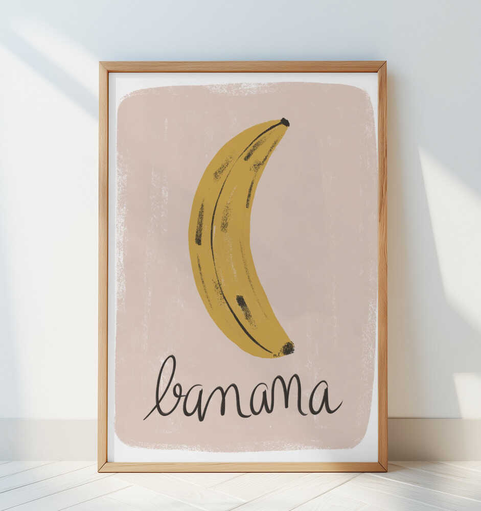 Fun and modern banana print with artistic hand-drawn text, adding a cheerful pop of color to a nursery or playroom.
