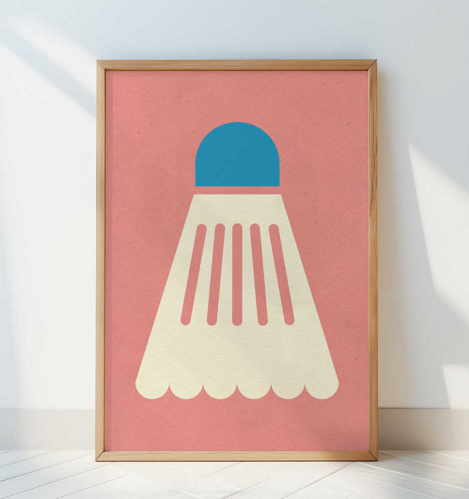 Playful modern print of a stylized badminton shuttlecock in soft retro tones, adding sporty charm to a kids’ room or creative space.